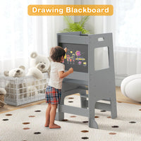 INFANS Toddler Standing Tower, Kids Montessori Kitchen Step Stool Helper with 2 Adjustable Height Learning Blackboard Safety Rail