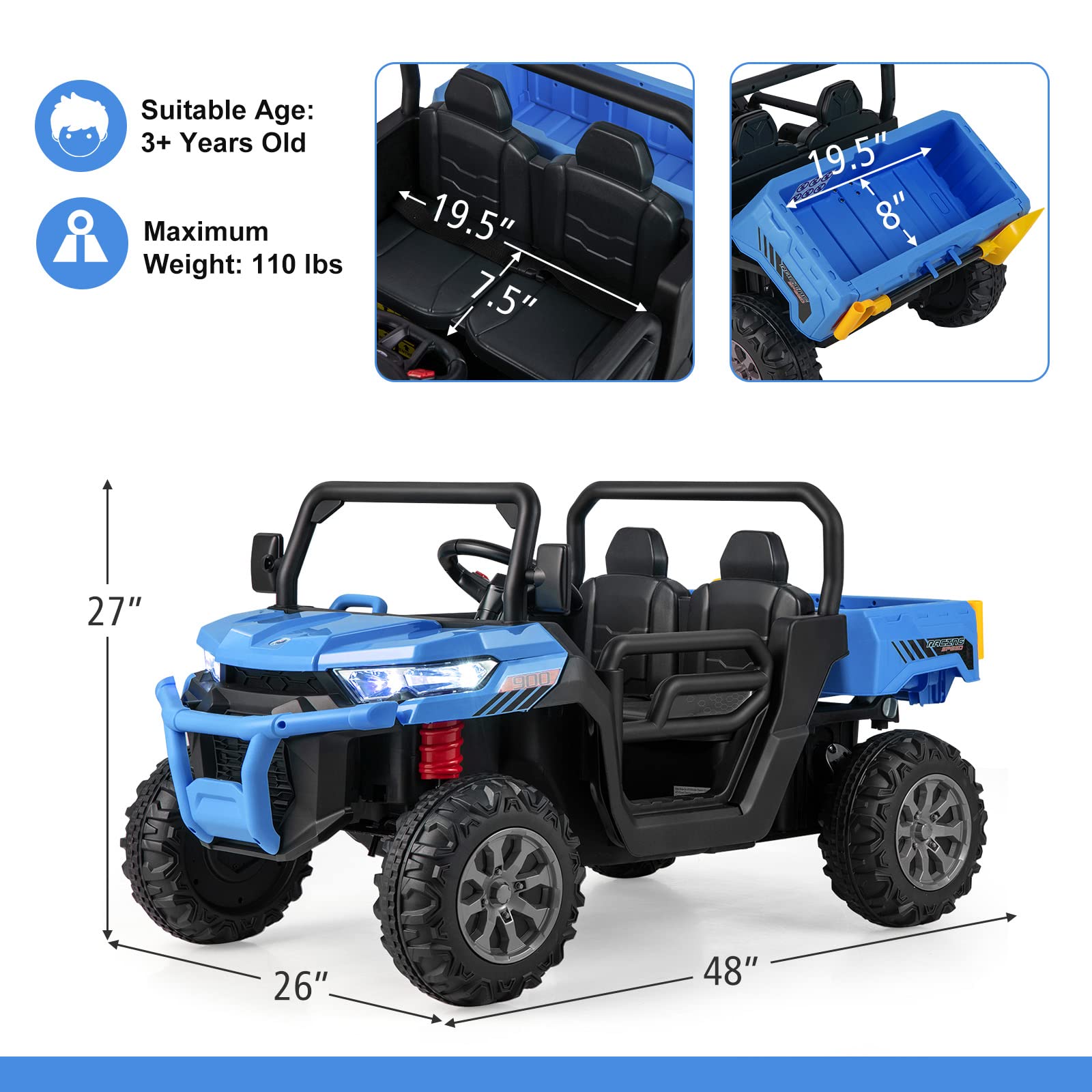 INFANS 2 Seater Ride on UTV, 12V Kids Electric Vehicle Dump Truck, Toddlers Battery Powered Car with Music