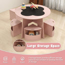 INFANS Toddler Table and Chair Set with 4 Storage Stools, Wooden Flower Shaped Nesting Table with Blackboard Drawers