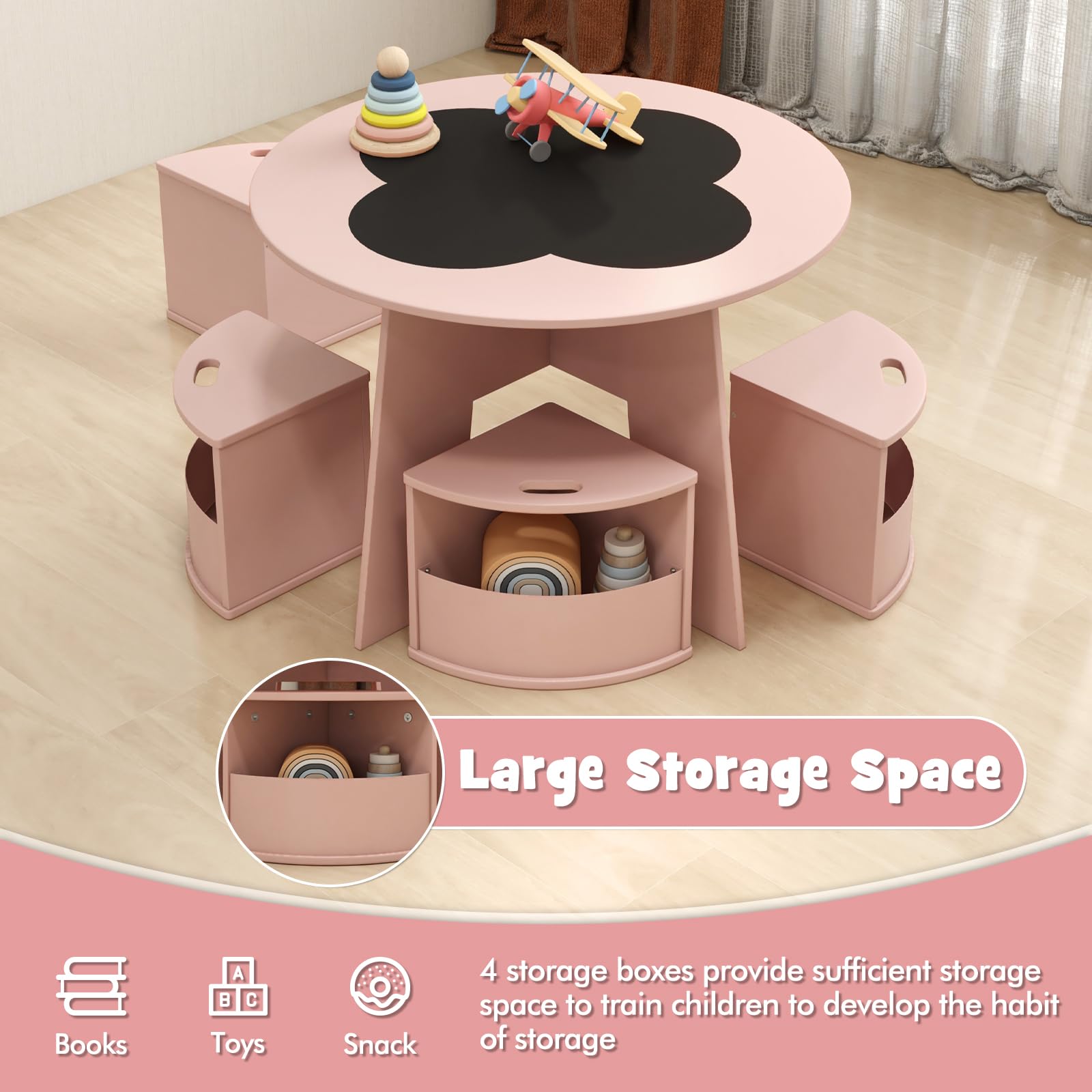 INFANS Toddler Table and Chair Set with 4 Storage Stools, Wooden Flower Shaped Nesting Table with Blackboard Drawers