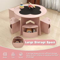 INFANS Toddler Table and Chair Set with 4 Storage Stools, Wooden Flower Shaped Nesting Table with Blackboard Drawers