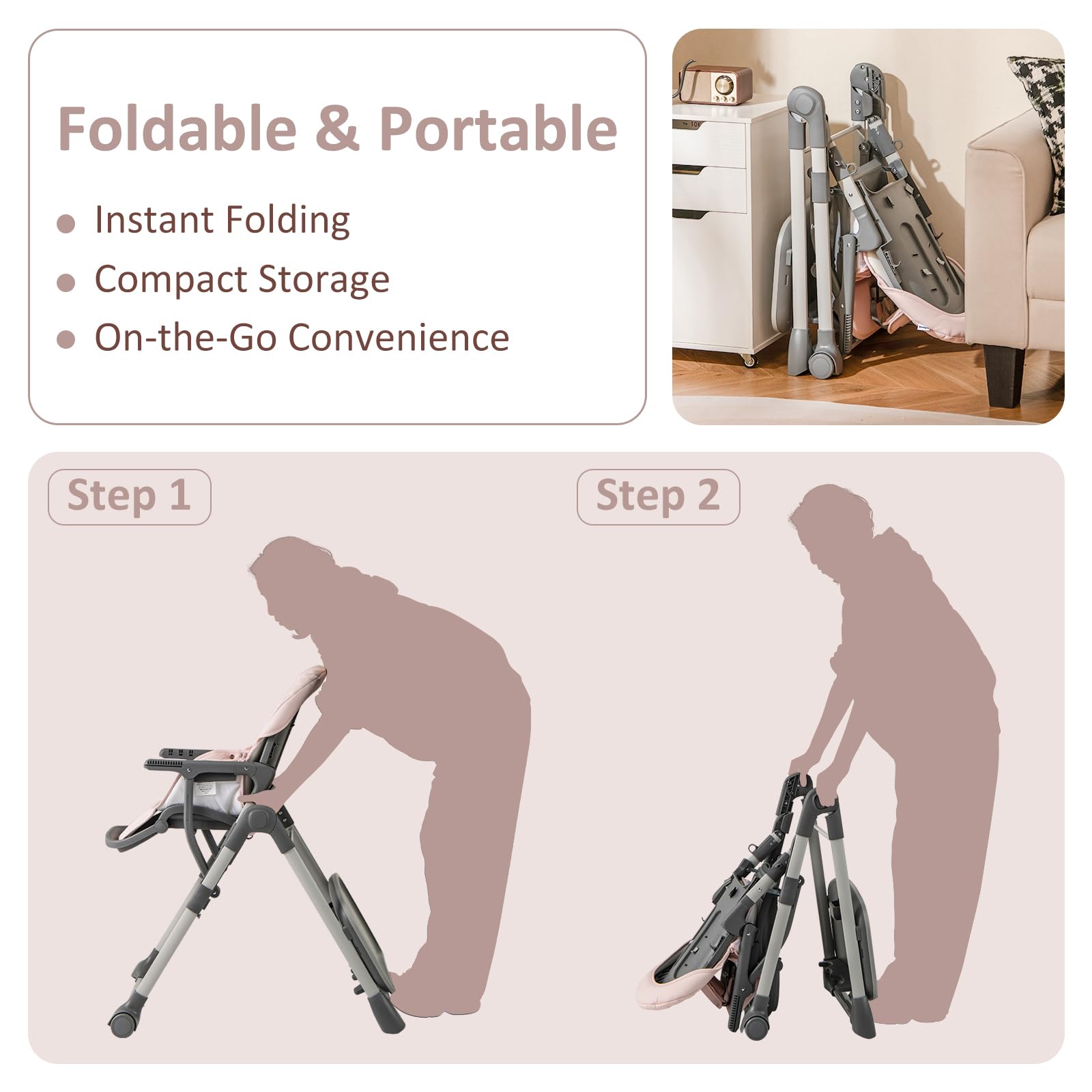 INFANS Baby High Chair, Convertible Quick Folding Portable Highchair for Babies with Wheels Removable Tray