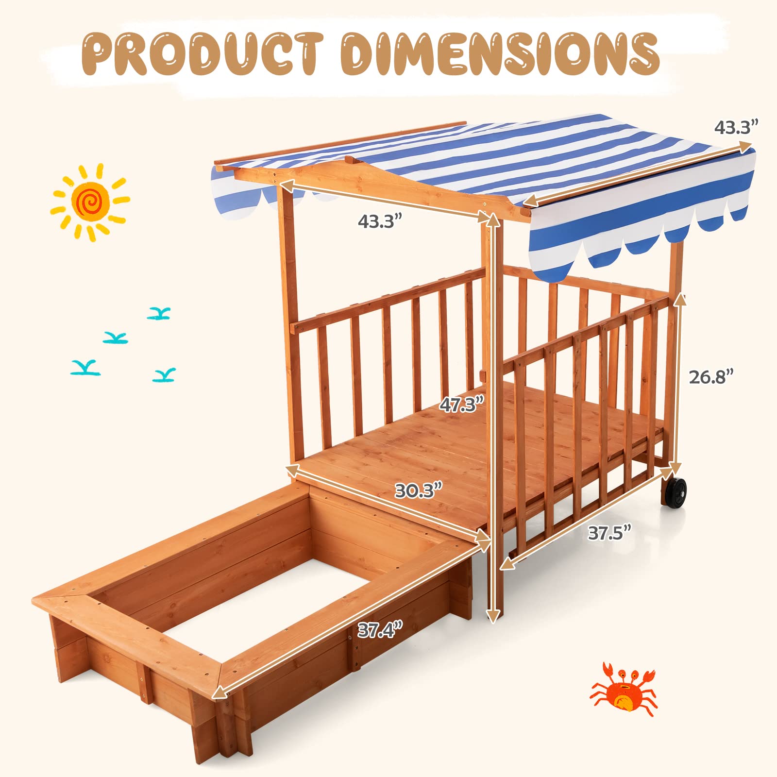 INFANS Children Playset Sandpit, 3 in 1 Kids Sandbox, Wooden Cedar Cabana Sandbox Playhouse for Outdoor Beach Backyard