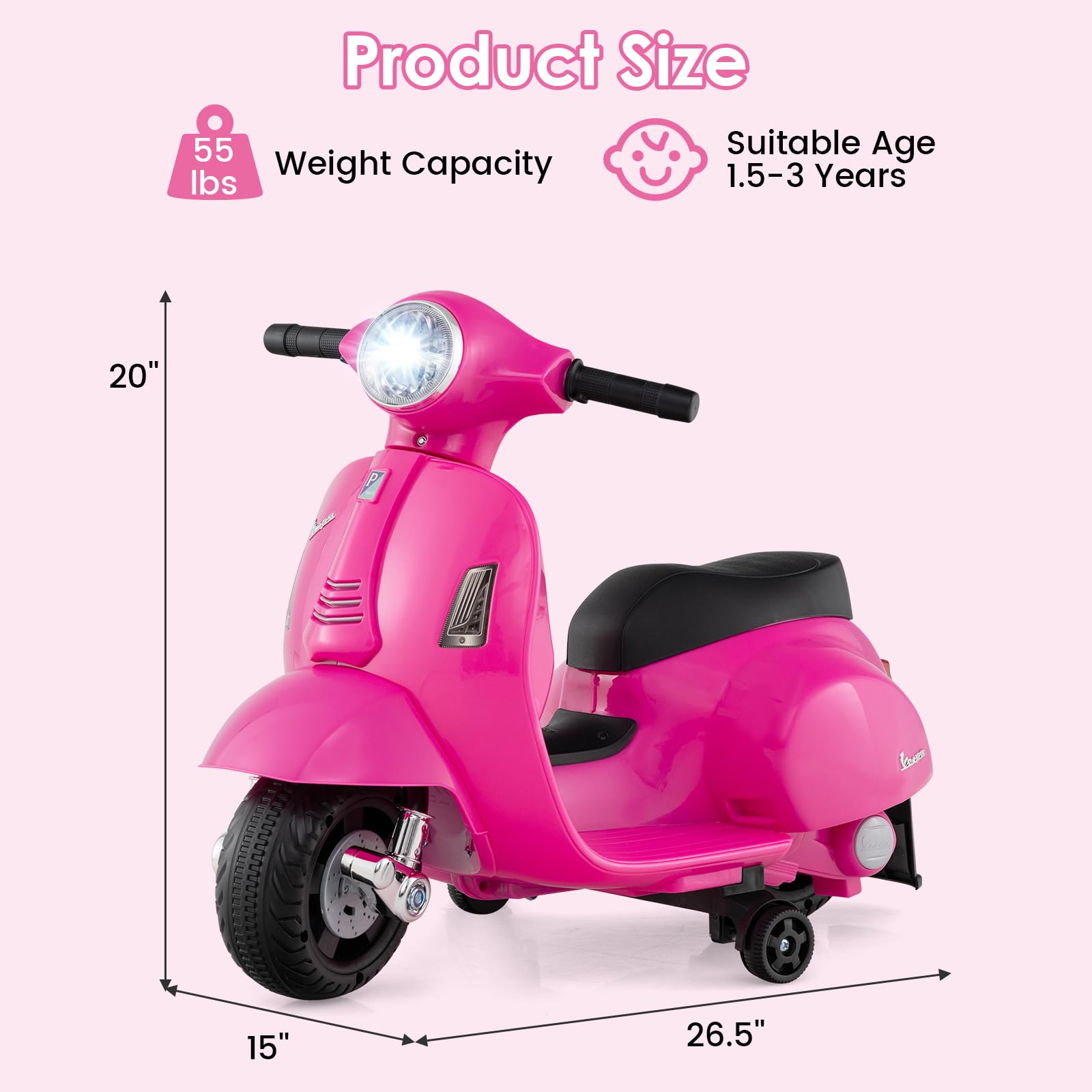 INFANS Licensed Vespa Kids Motorcycle, 6V Battery Powered Motorbike for Toddlers with Training Wheels, Horn, LED Lights