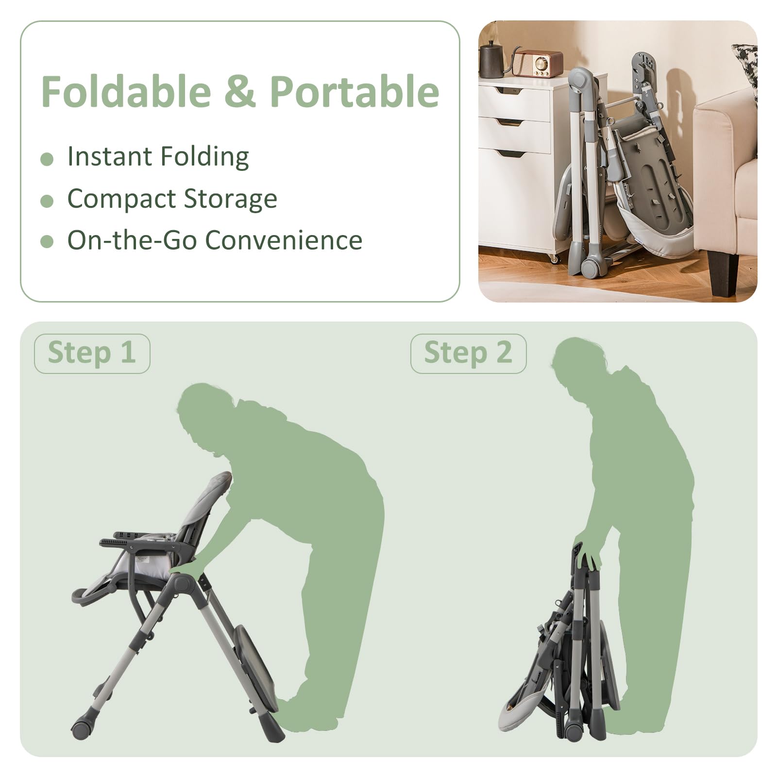 INFANS Baby High Chair, Convertible Quick Folding Portable Highchair for Babies with Wheels Removable Tray