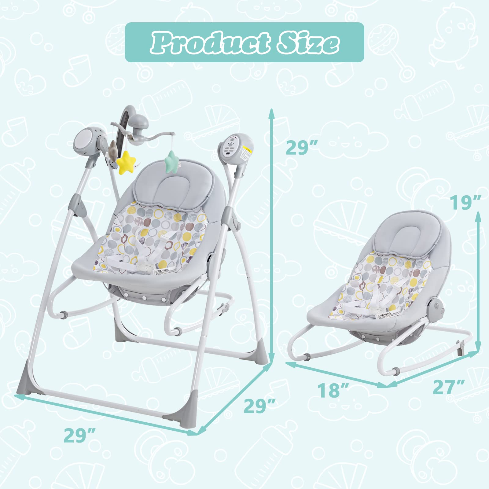 INFANS 2 in 1 Baby Swing and Bouncer for Infants, Portable Newborn Rocker with 5 Speed Sway Music Timing 2 Toys Remote Control, Easy Fold, Compact Electric Baby Swing for 0-6 Months Boy Girl INFANS