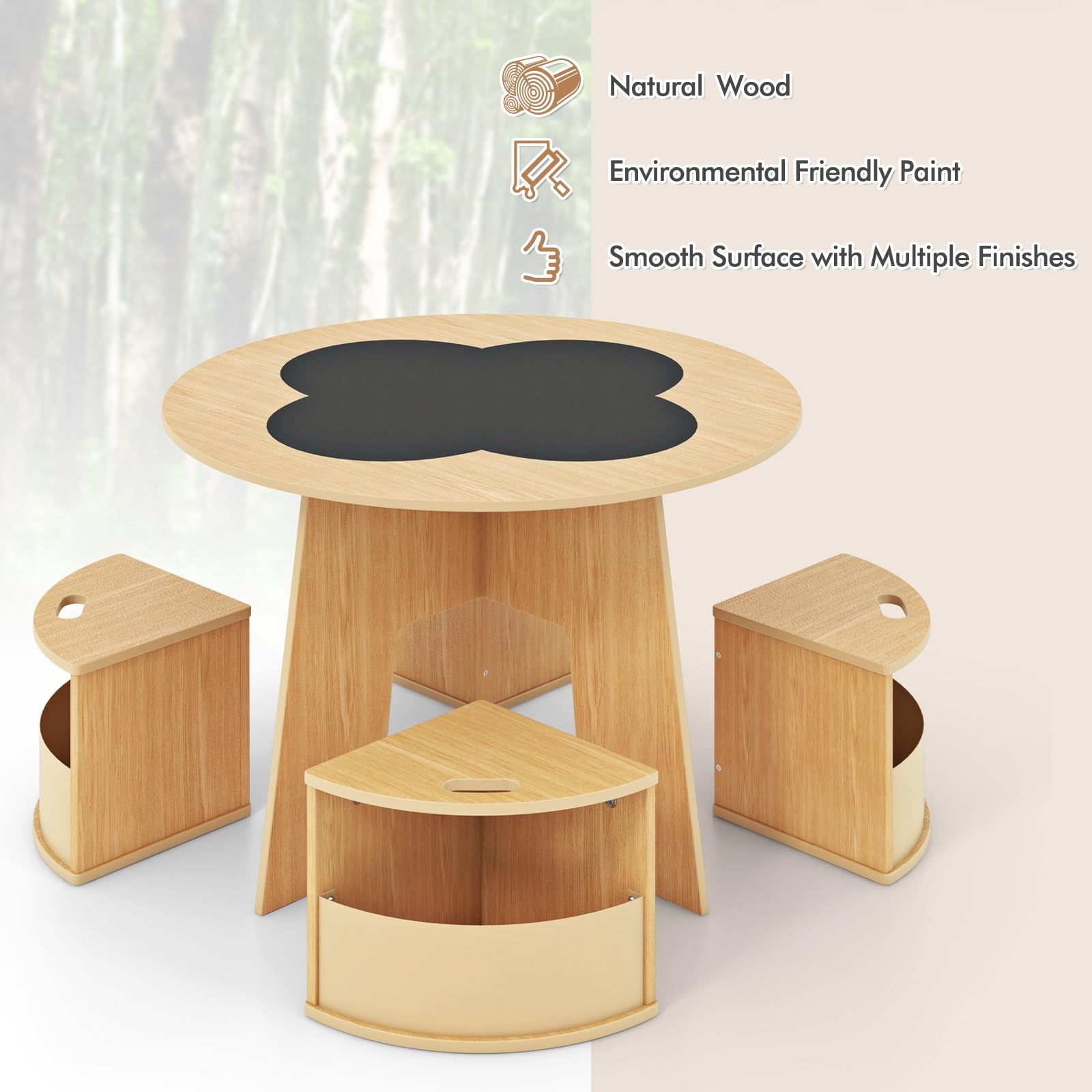 INFANS Toddler Table and Chair Set with 4 Storage Stools, Wooden Flower Shaped Nesting Table with Blackboard Drawers