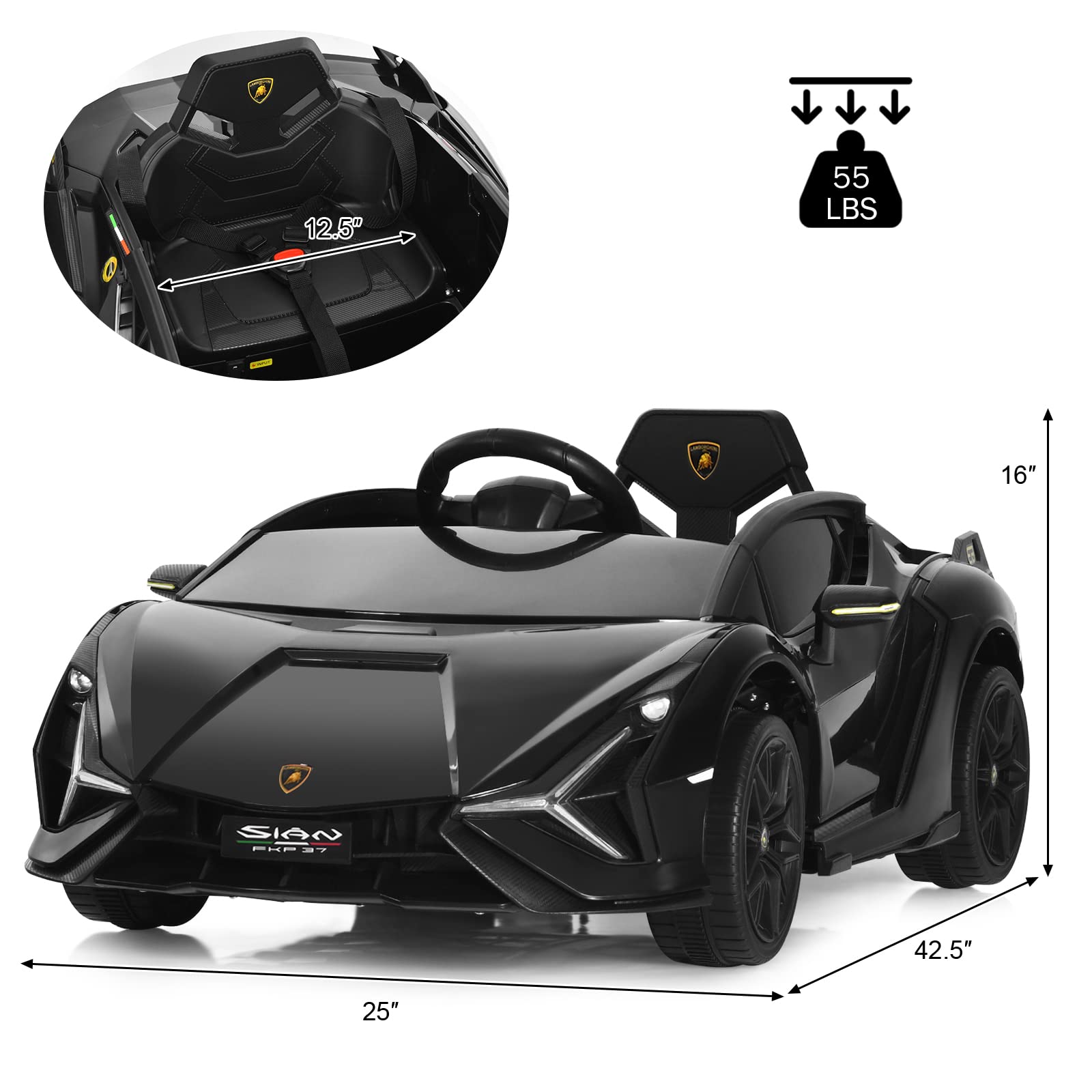 INFANS 12V Licensed Lamborghini Sian Kids Ride on Car with Parent Remote Control, Electric Toy Roadster Carbon Fiber Textured