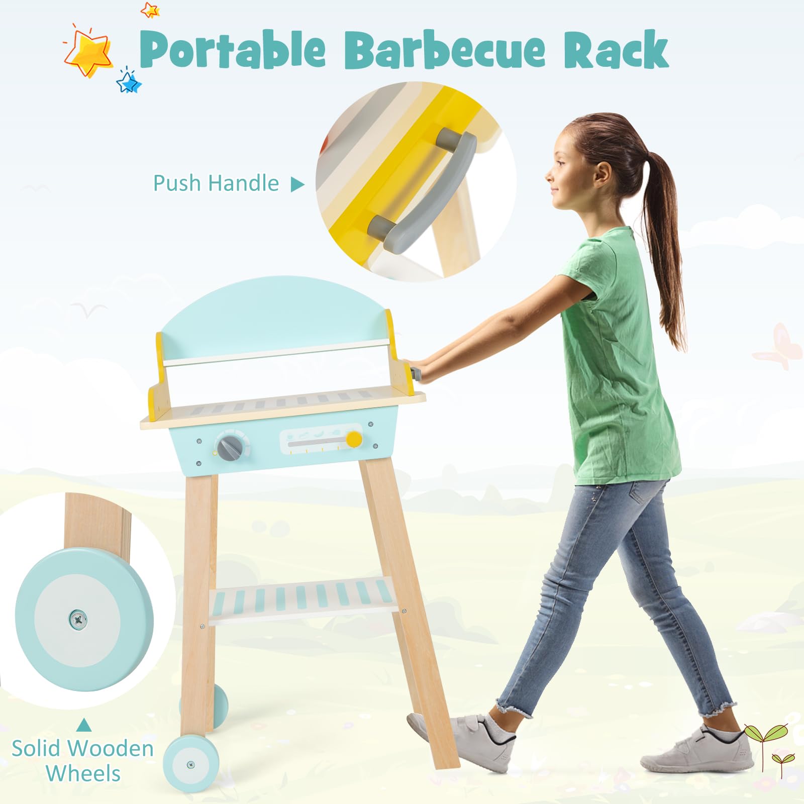 INFANS Kids Grill Playset, Wooden Pretend BBQ Toy Set with 21 Food Accessories, Role Play Kitchen Cooking Set