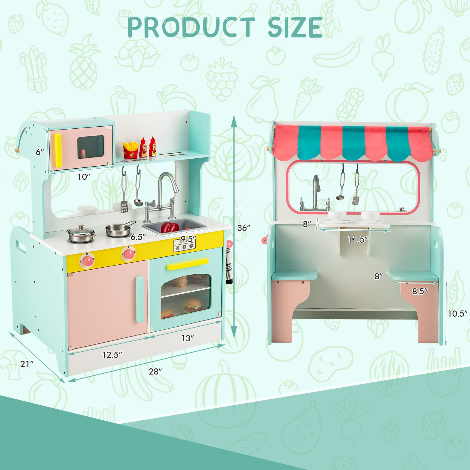INFANS 2 in 1 Kids Play Kitchen and Restaurant, Double Sided Toddler Wooden Pretend Cooking Set with Stove Sink Microwave Storage Cabinet INFANS