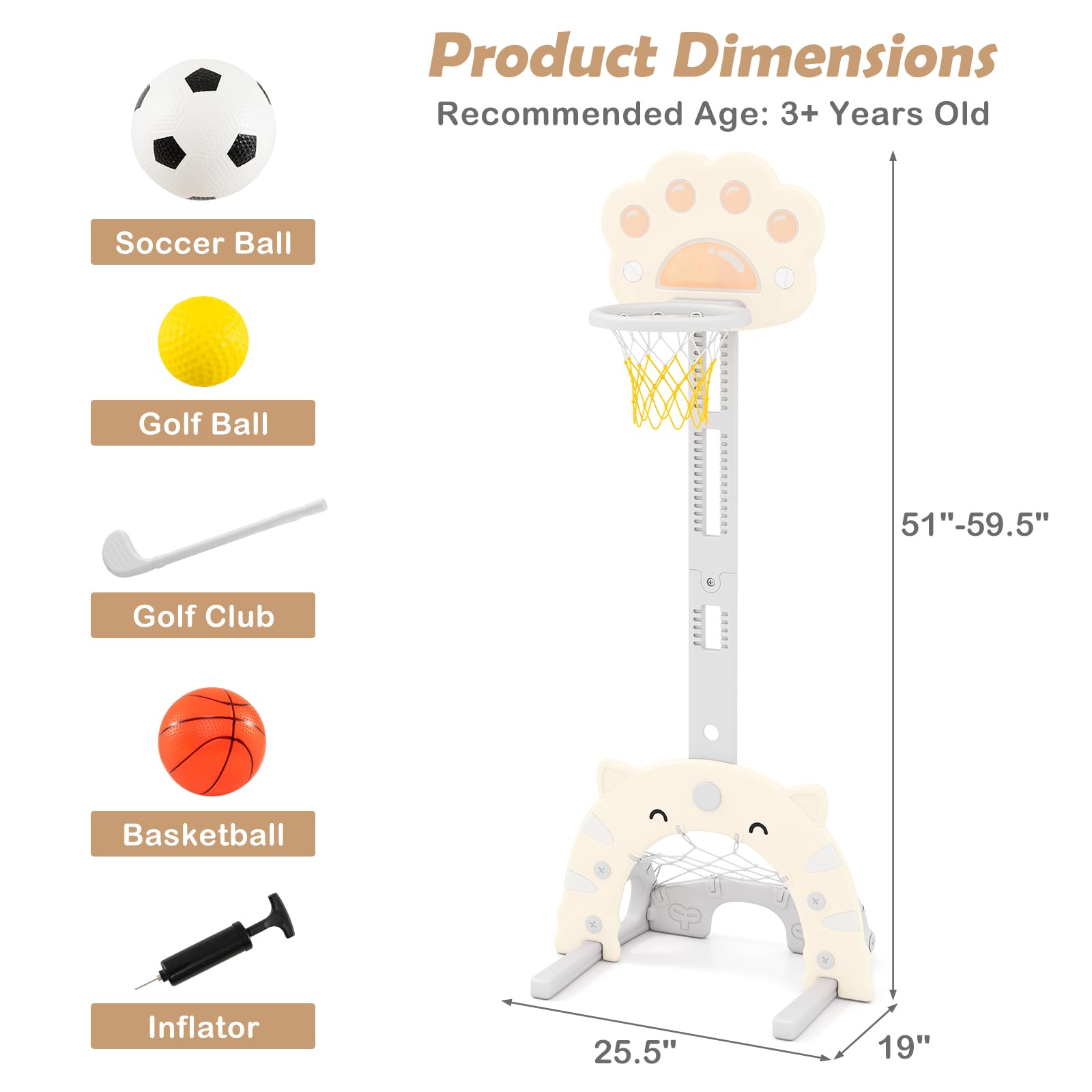 INFANS Toddler Basketball Hoop, 3 in 1 Height Adjustable Kids Sports Activity Center Indoor with Soccer Goal Golf Ball and Club