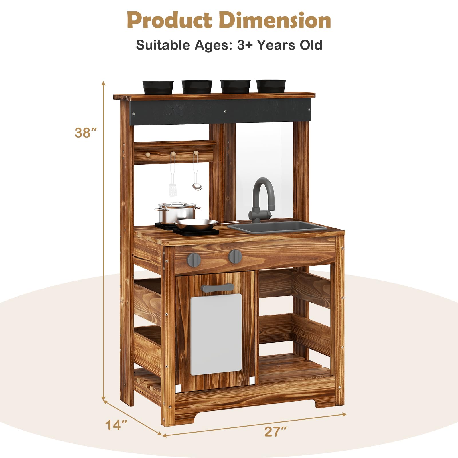 INFANS Mud Kitchen, Outdoor Play Kitchen with Drawing Board, Cooking Accessories, Wooden Kids Kitchen Playset