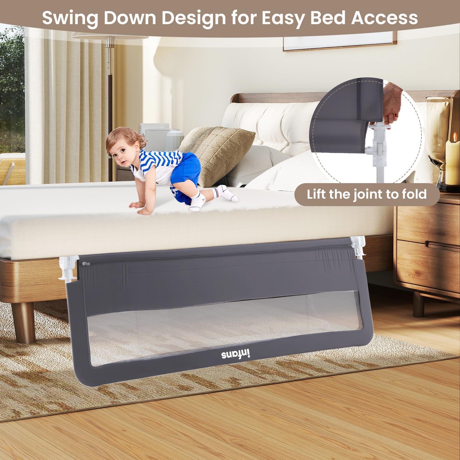 INFANS Bed Rail for Toddlers, 59" Foldable Safety Baby Crib Rail Fit for Kids Twin, Extra Long Swing Down Bed Guardrail for Convertible Crib, Queen, Full, King Mattress Side Guard