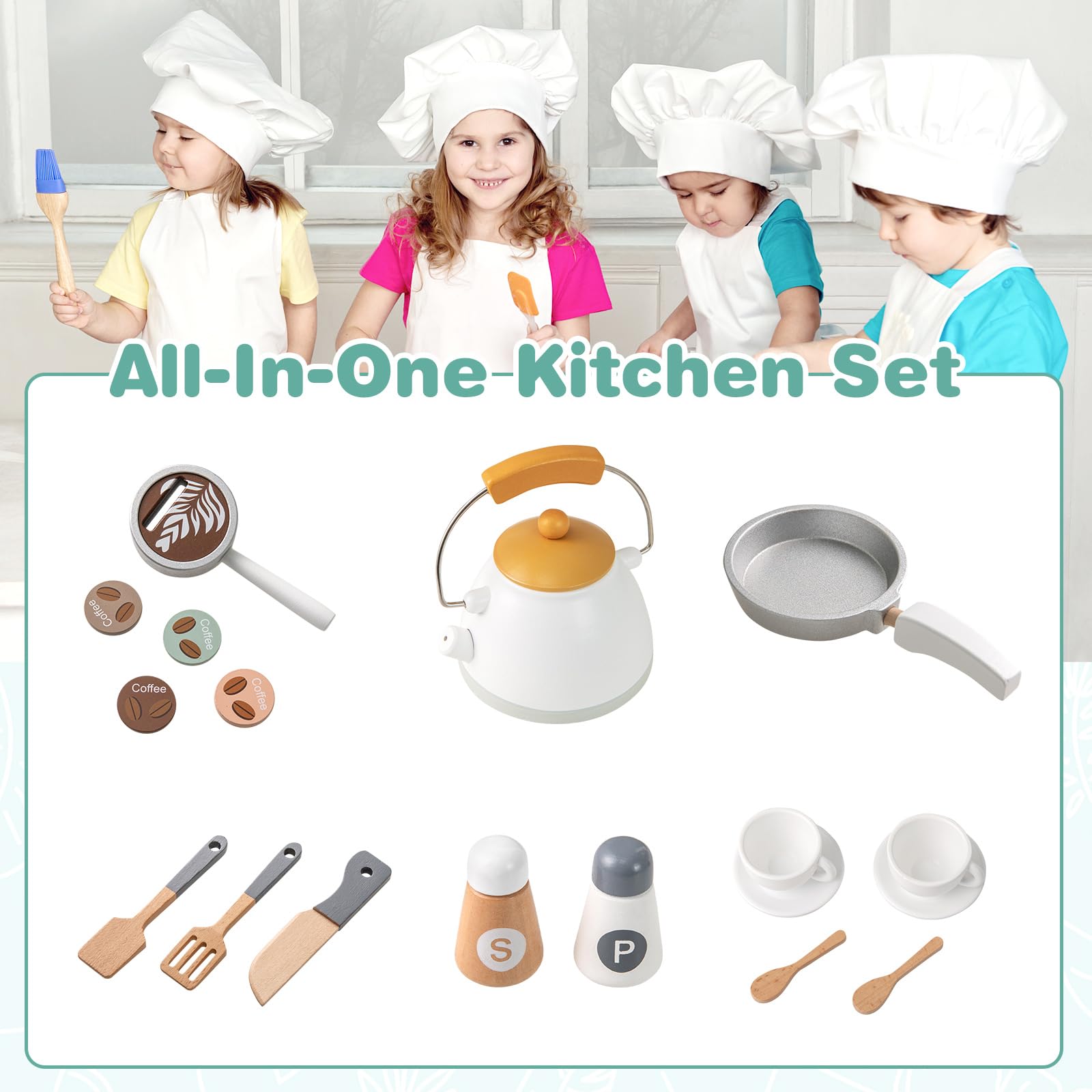 INFANS Corner Kids Kitchen Playset, Toddler Wooden Pretend Cooking Set with Lights Sounds Coffee Machine Washing Machine