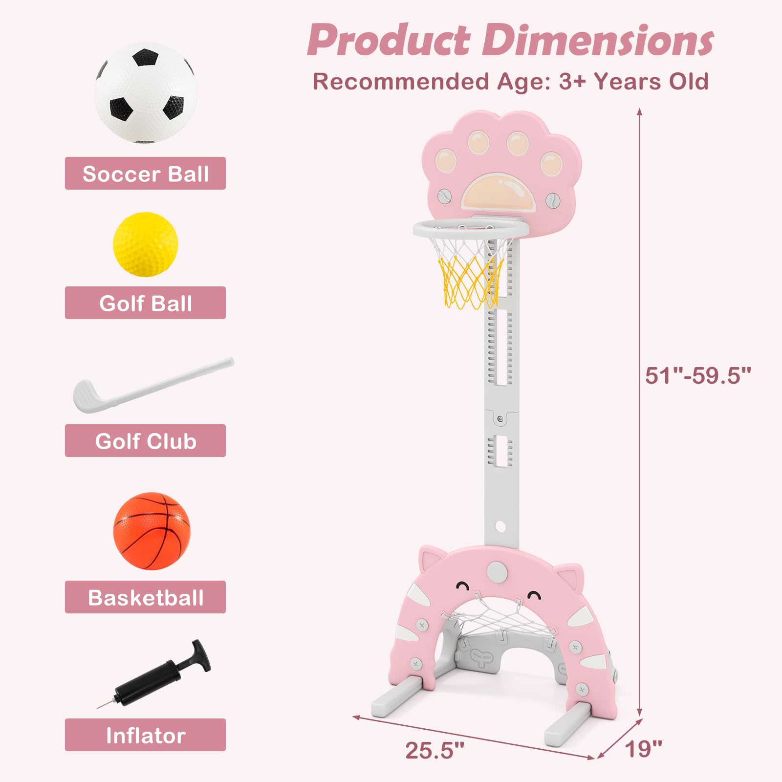 INFANS Toddler Basketball Hoop, 3 in 1 Height Adjustable Kids Sports Activity Center Indoor with Soccer Goal Golf Ball and Club