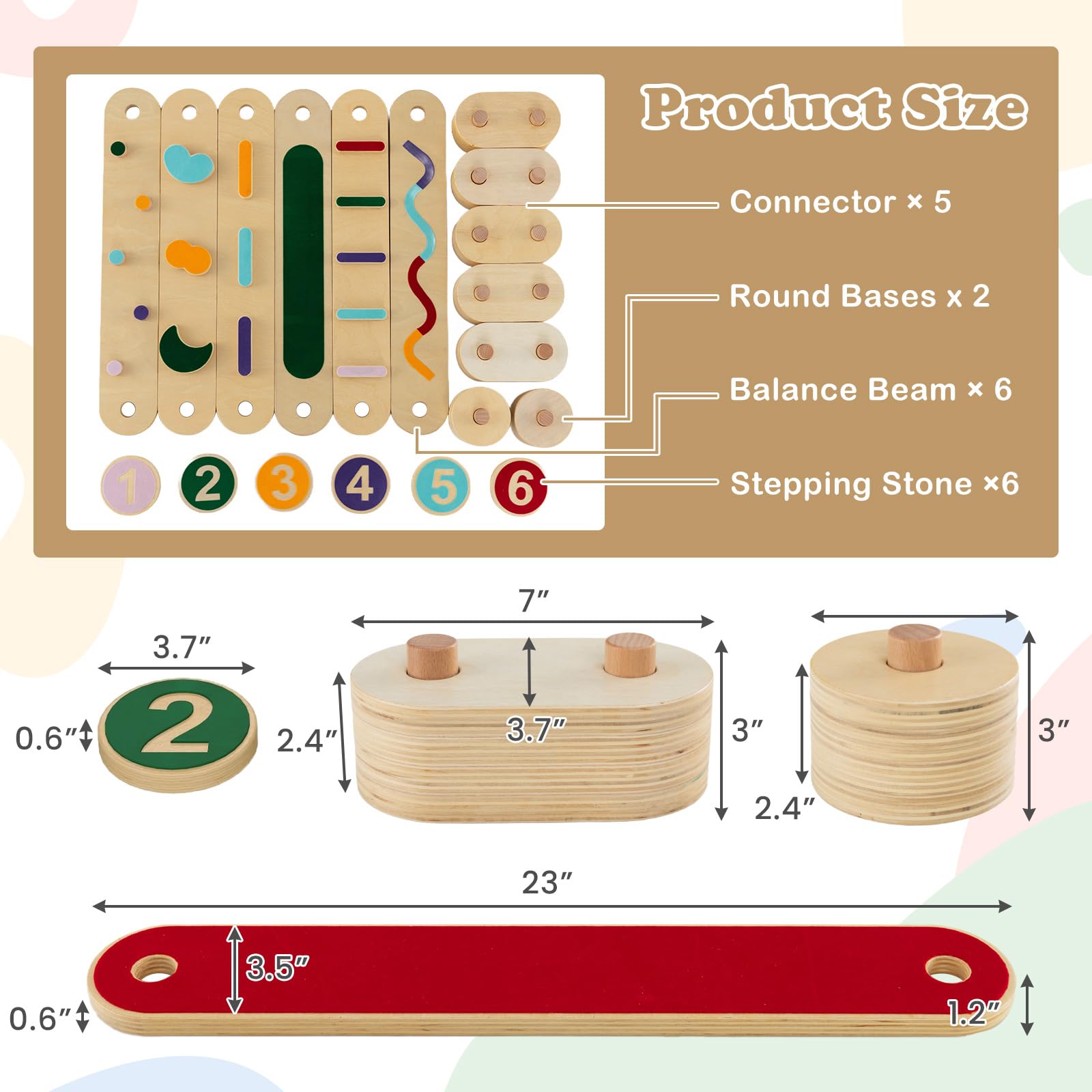 INFANS Wooden Balance Beam Stepping Stones for Kids, Montessori 12 Piece Obstacle Felt Course Gymnastics Toy for Playroom Indoor