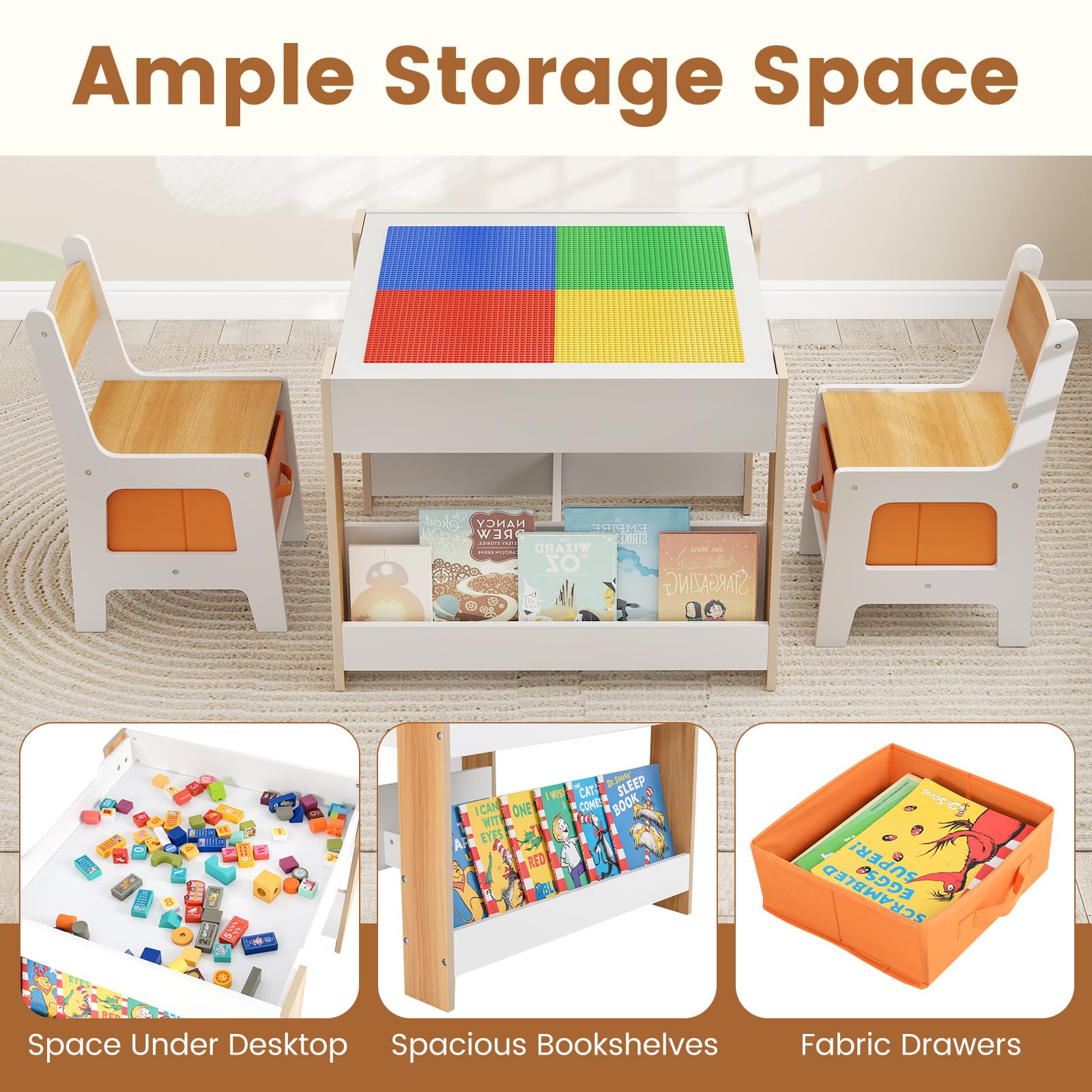 INFANS Kids Table and Chair Set, 4 in 1 Building Block Wooden Activity Desk with Reversible Tabletop for Toddlers