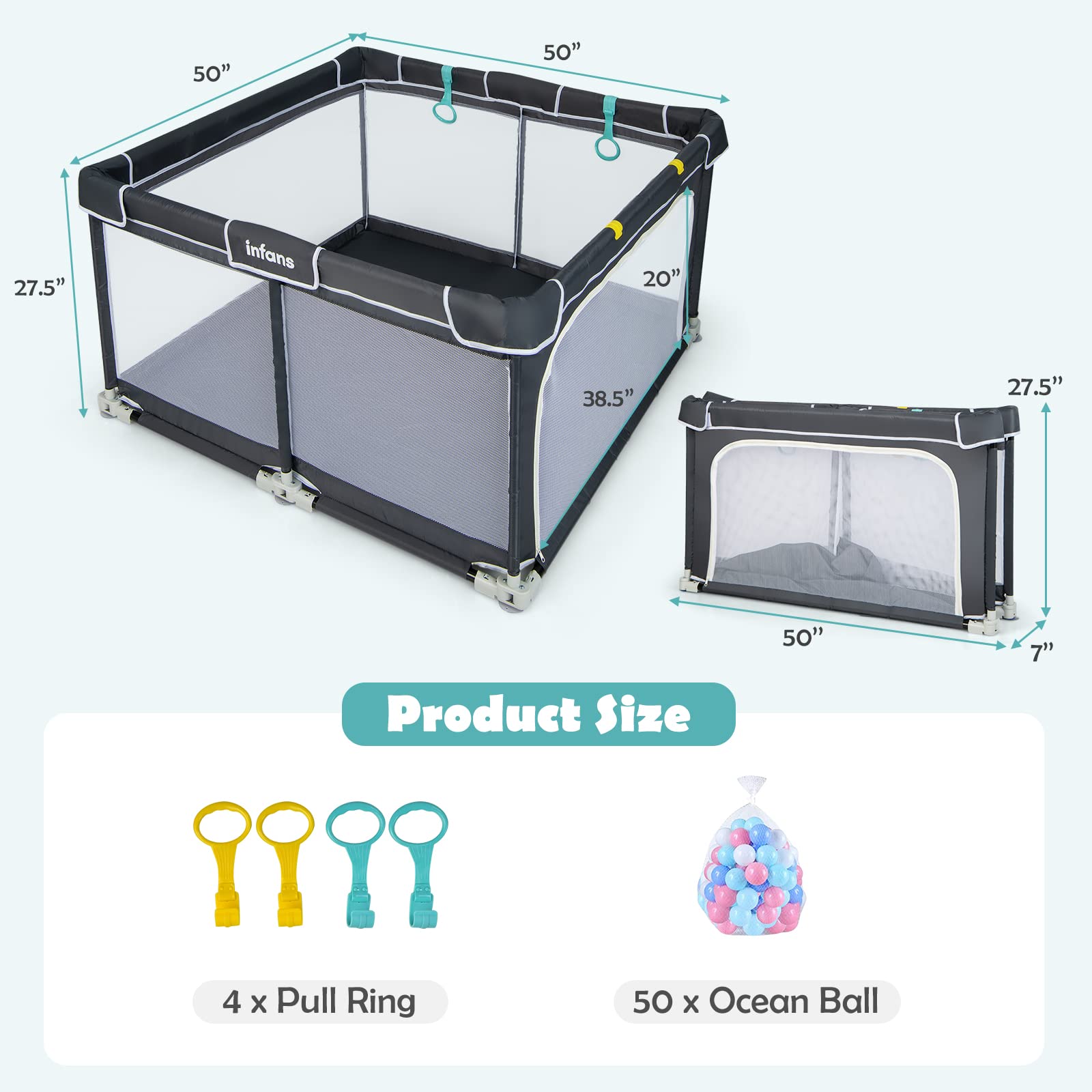 INFANS Baby Playpen, 50’’x50’’ Foldable Large Baby Playard, Indoor Outdoor Kids Activity Center Baby Fence