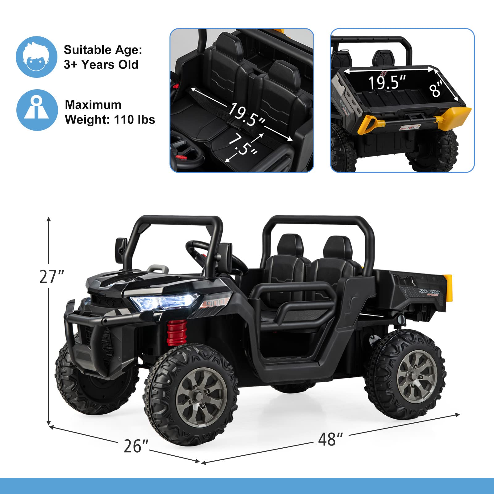 INFANS 2 Seater Ride on UTV, 12V Kids Electric Vehicle Dump Truck, Toddlers Battery Powered Car with Music