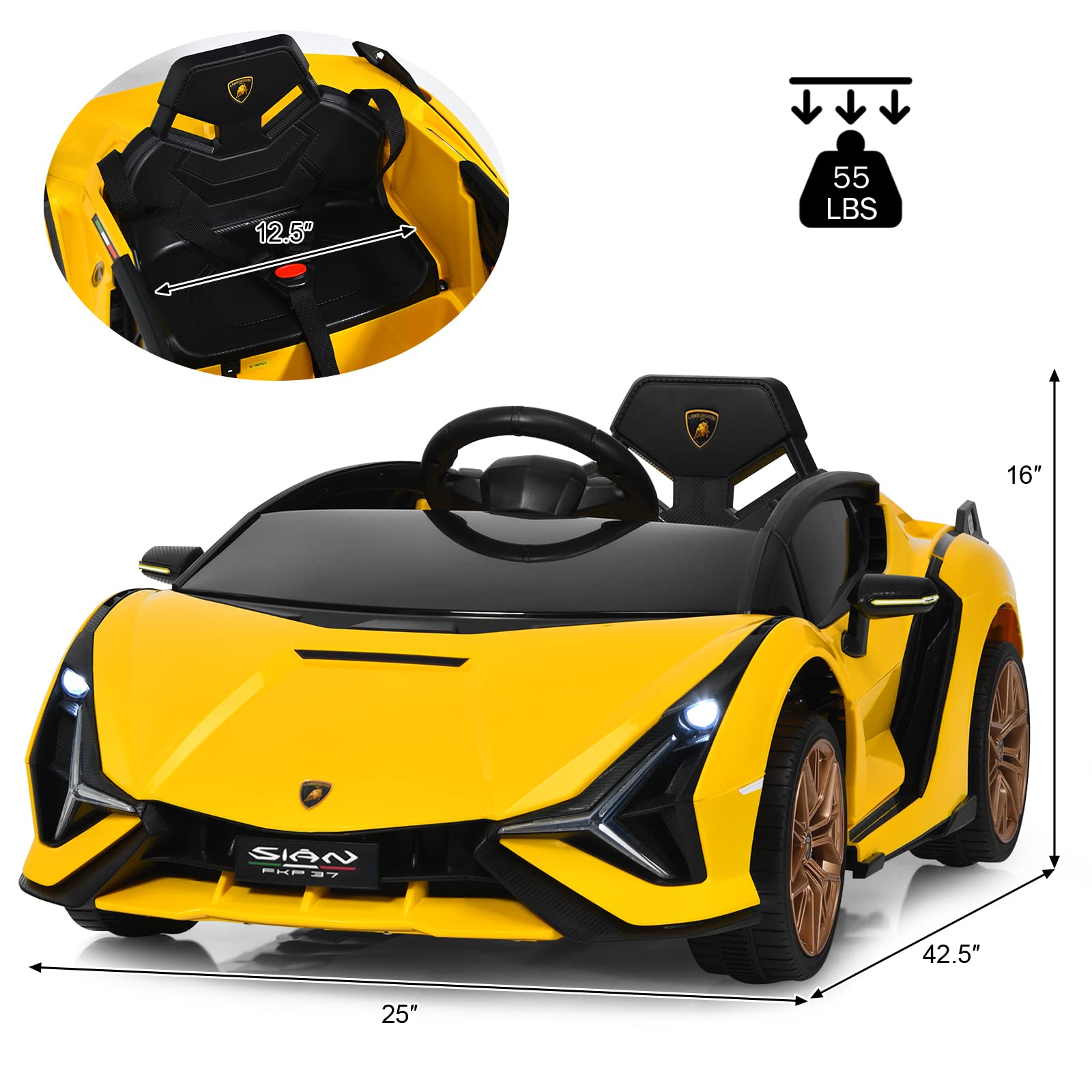 INFANS 12V Licensed Lamborghini Sian Kids Ride on Car with Parent Remote Control, Electric Toy Roadster Carbon Fiber Textured