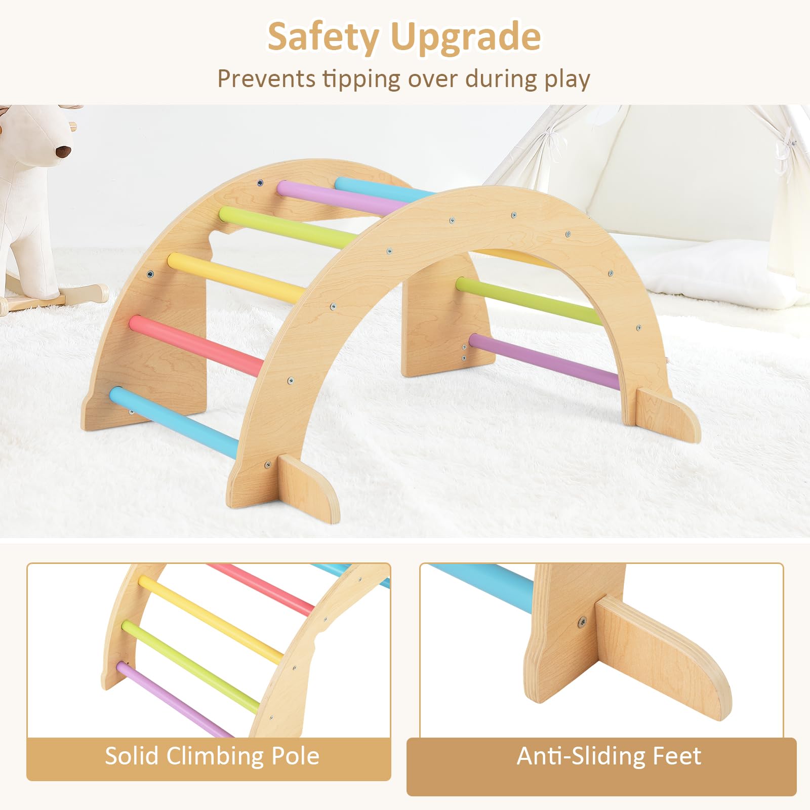 INFANS Wooden Arch Climber Rocker with Soft Cushion, 6 in 1 Montessori Climbing Toys for Toddlers, Gym Playset Gift for Kids
