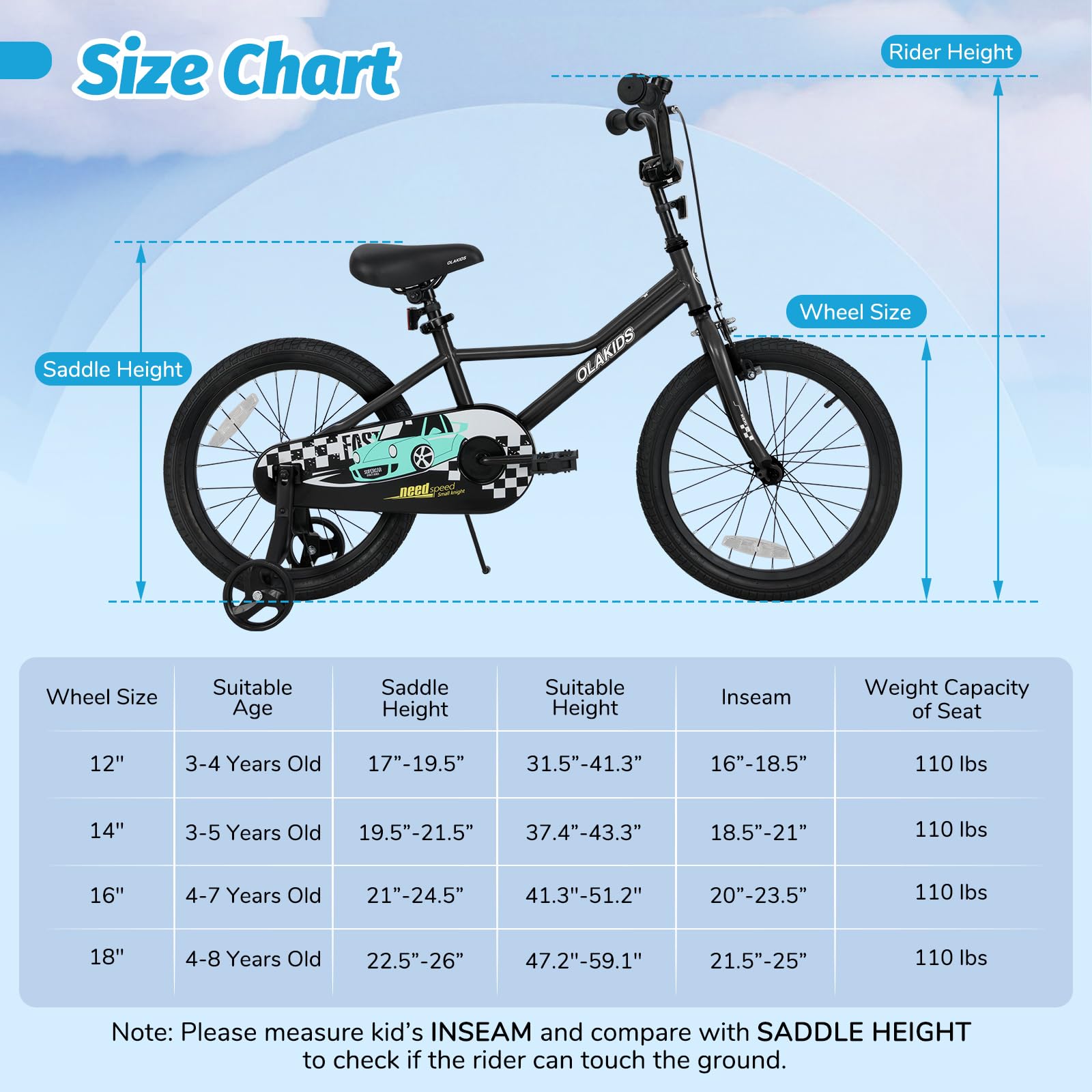 INFANS Kids Bike, 16 18 Inch Toddlers Bike with Training Wheels Safety Bell Adjustable Seat and Handlebar