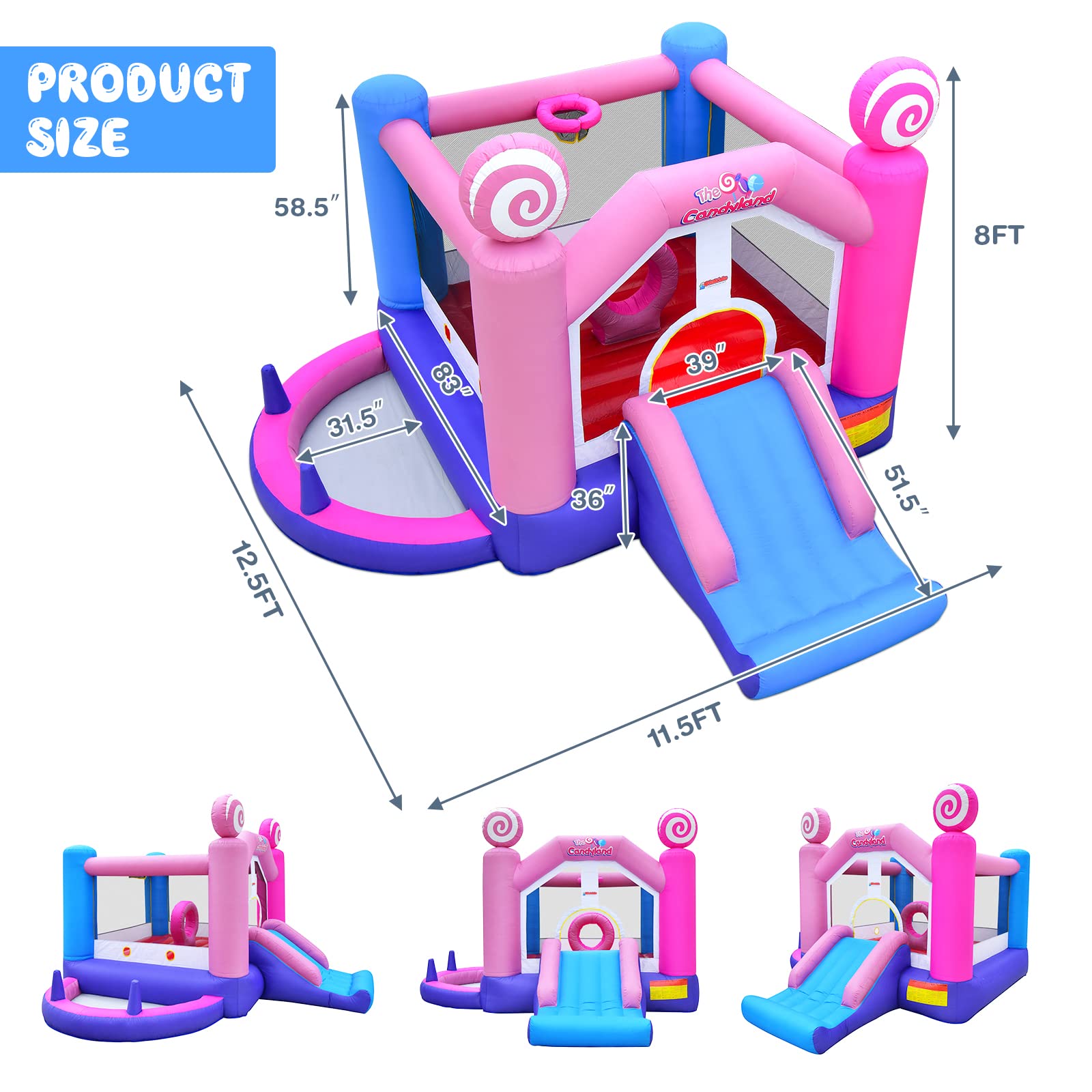 INFANS Inflatable Bounce House, Kids Candyland Pink Jumping Castle with Slide Ball Pit Basketball Rim