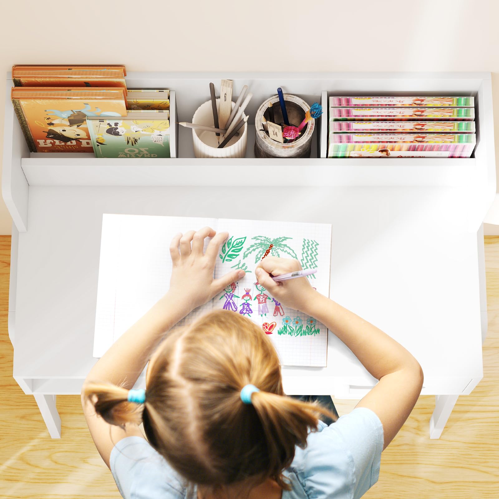 INFANS Table and Chair Set, Toddler Wooden Student Study Desk with Chair Storage Hutch Compartments Drawers