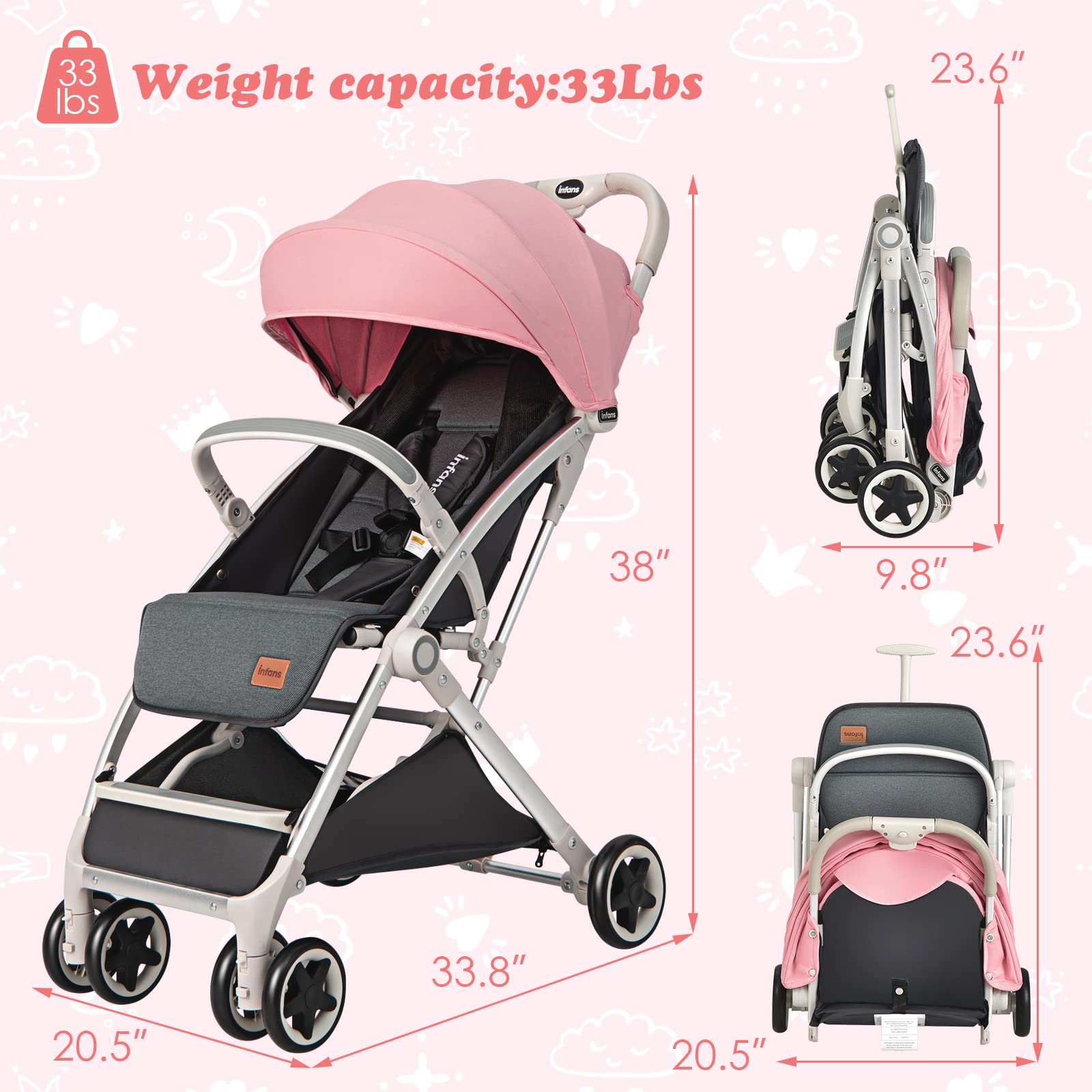 INFANS Lightweight Baby Stroller for 0-36 Month, Compact Stroller with One-Hand Fold, Travel Stroller for Airplane