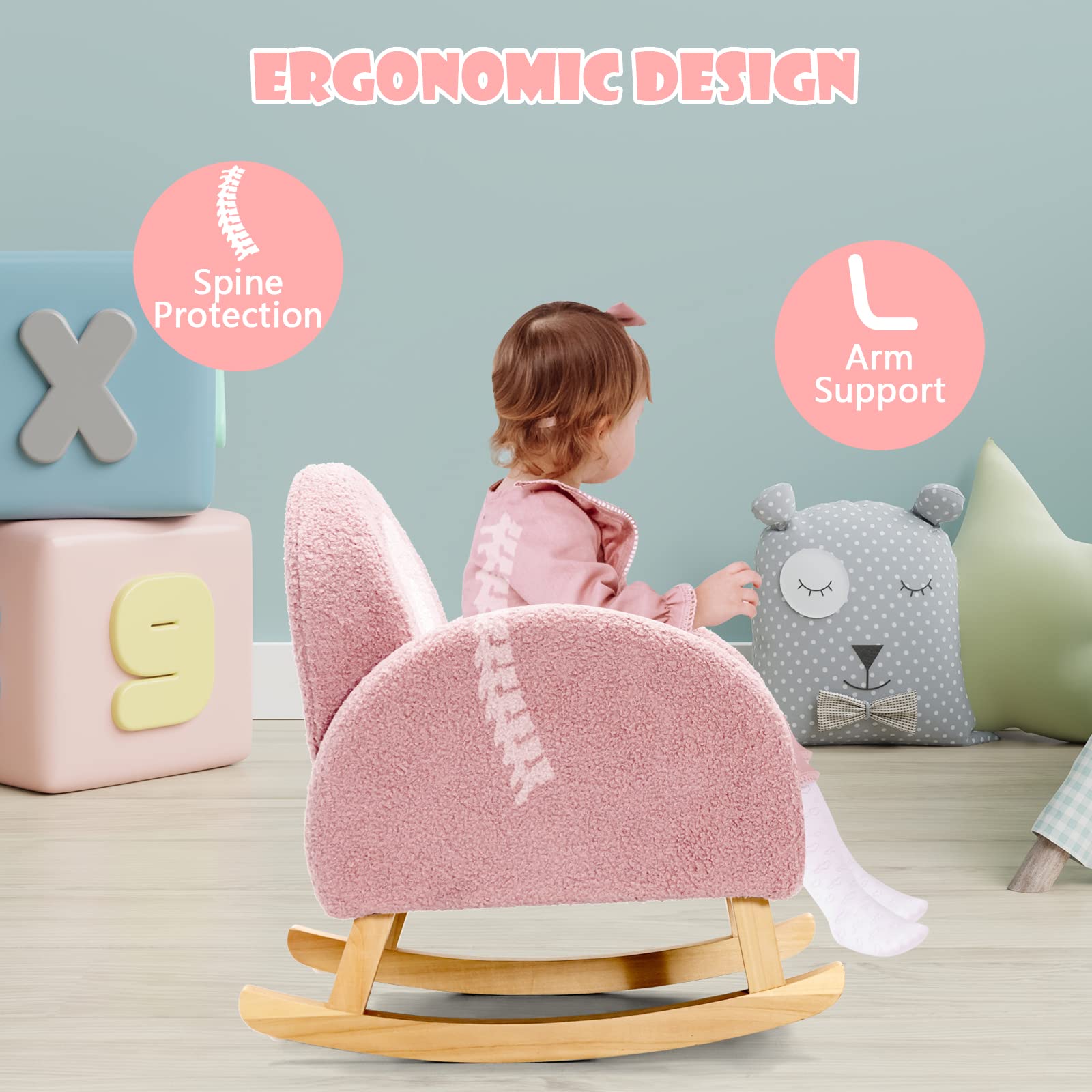 INFANS Kids Sofa, Toddler Rocking Chair with Solid Wooden Frame, Anti-Tipping Design, Plush Fabric, Children Armchair INFANS