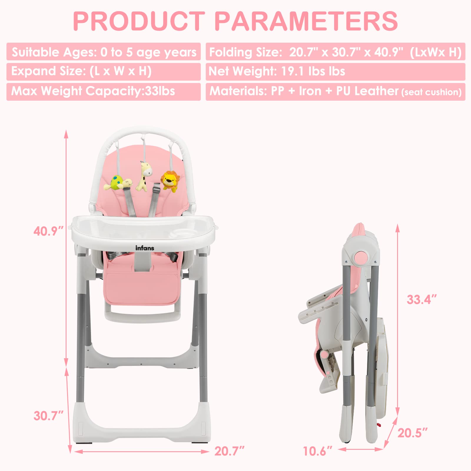 INFANS High Chair for Babies and Toddlers, Foldable Highchair with 7 Different Heights 4 Reclining Backrest Seat 3 Setting Footrest INFANS