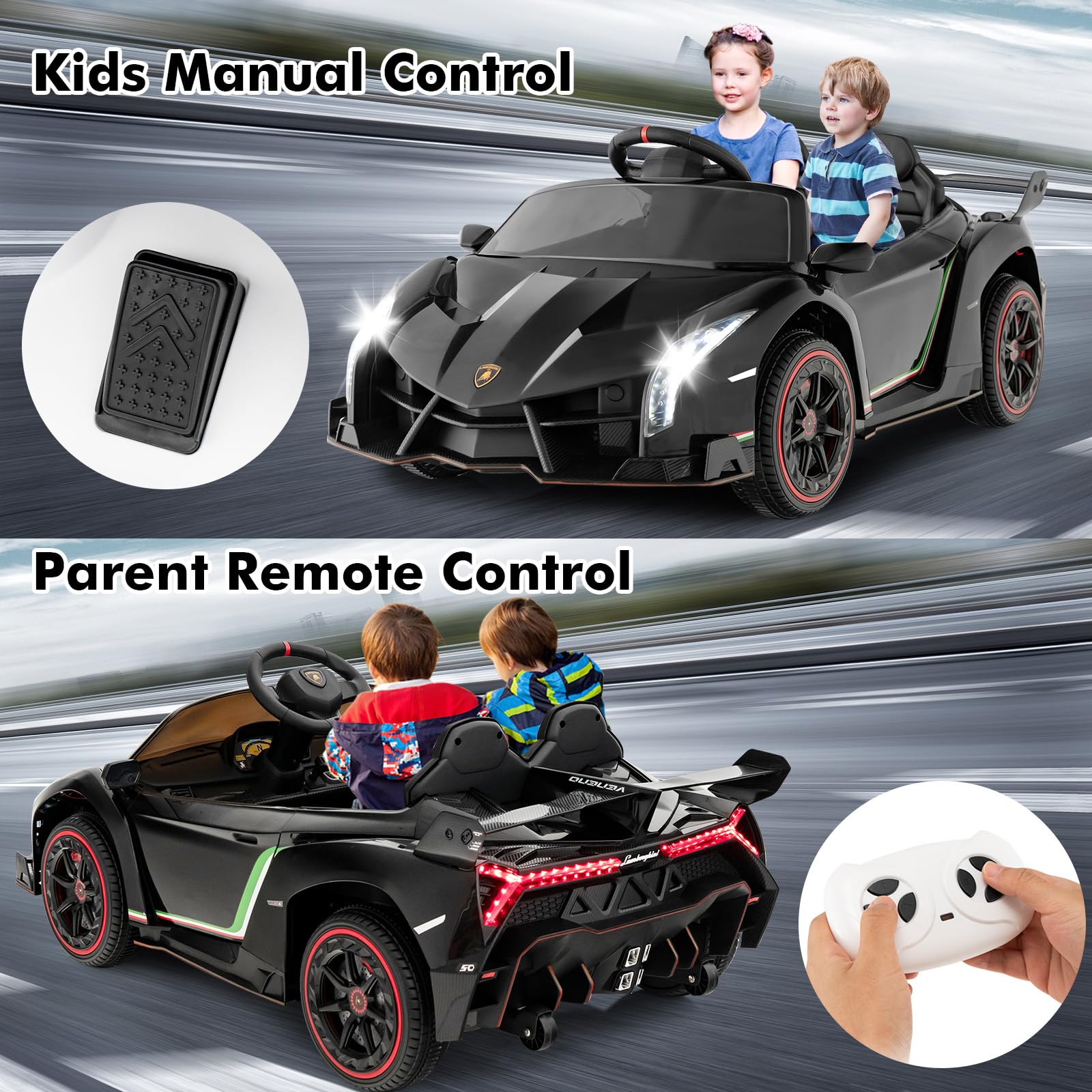 INFANS 2 Seater Kids Ride on Car, 12V 4WD Licensed Lamborghini Veneno Powered Electric Vehicle with Rocking Mode, Remote Control