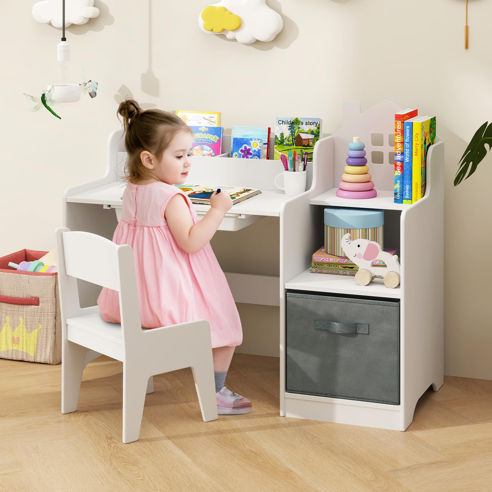 INFANS Kids Table and Chair Set, Toddler Art Craft Play Wood Activity Desk with Chairs, Children Furniture