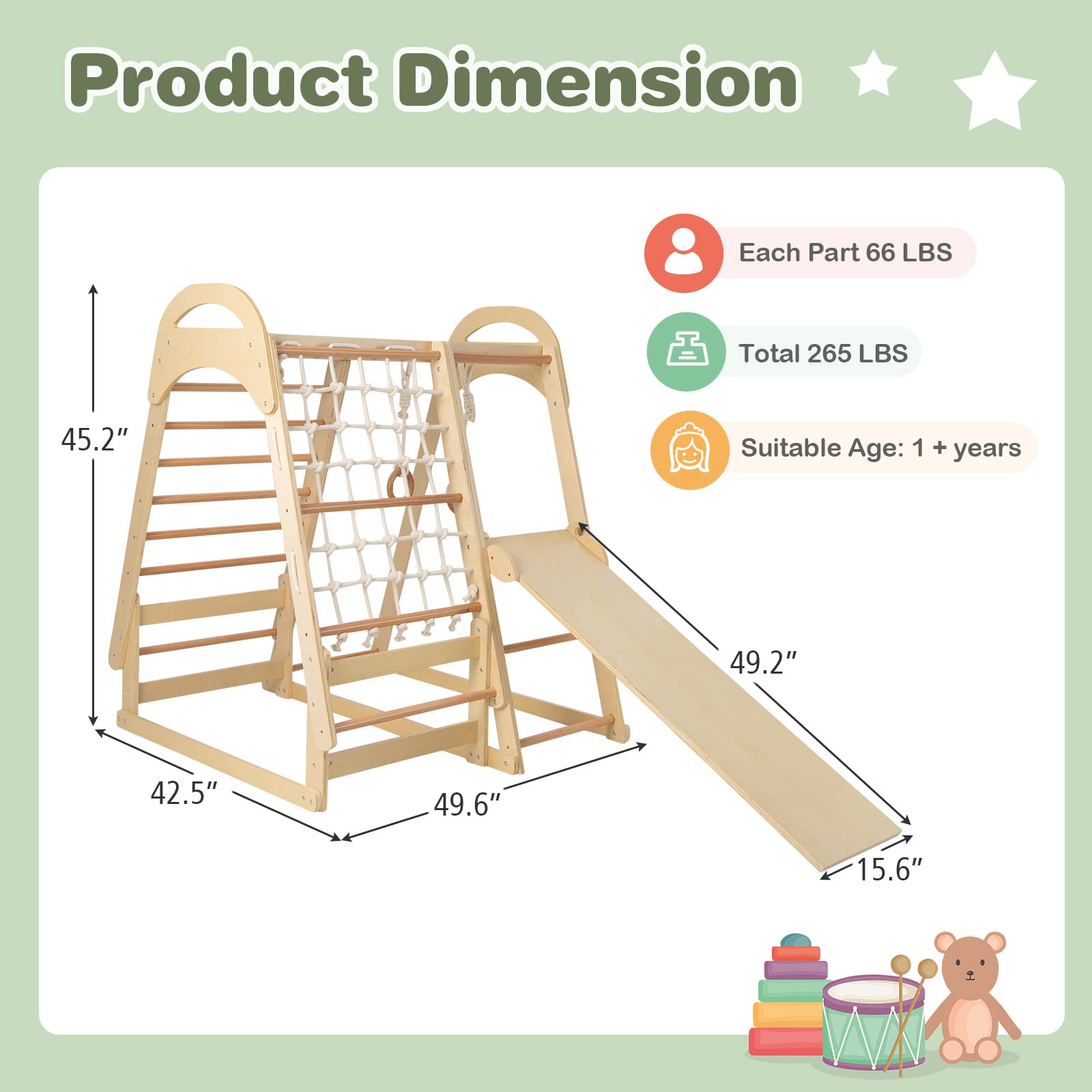NFANS 7 in 1 Wooden Montessori Climber Playset with Tent Slide Climbing Rock Climbing Net