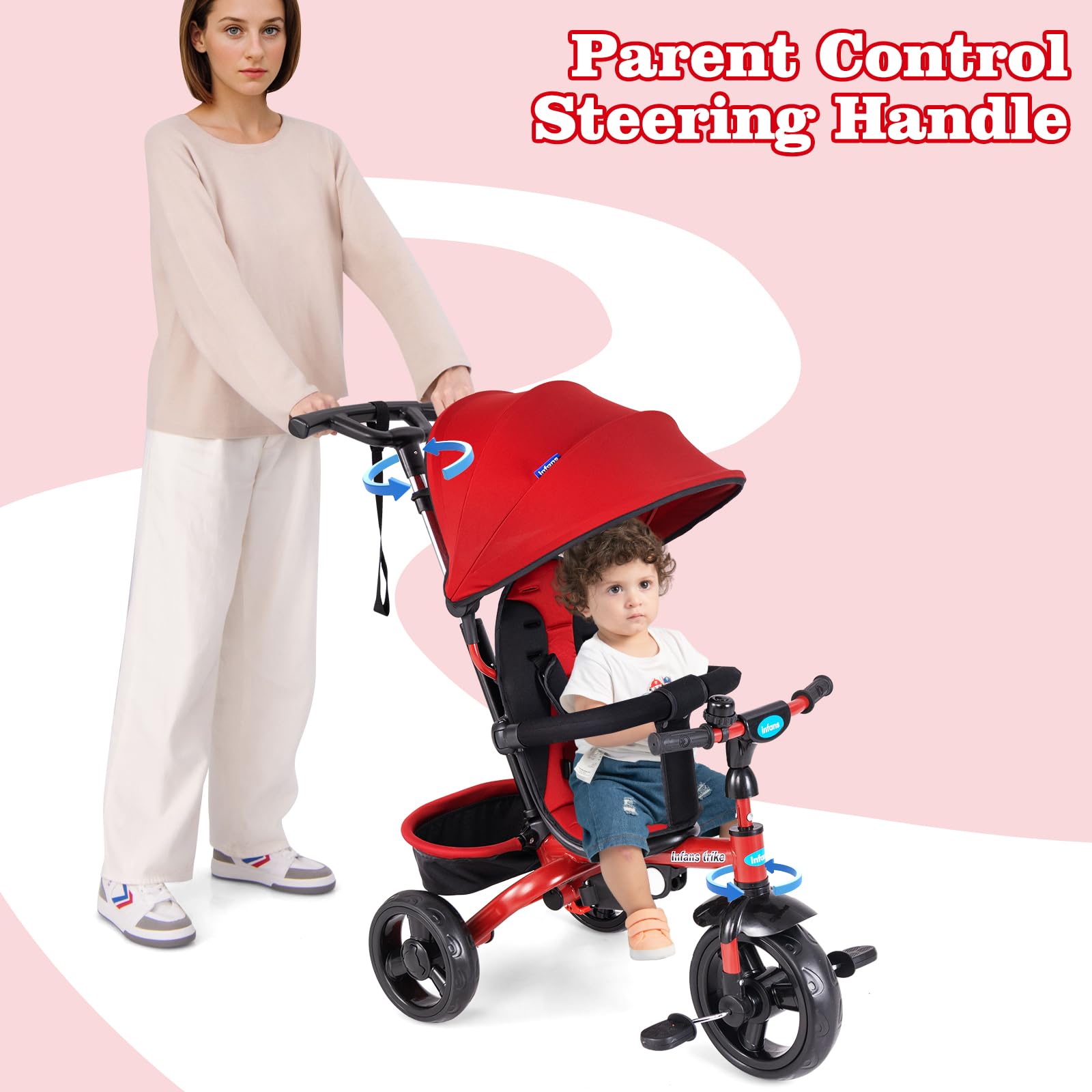 INFANS Kids Tricycle, 4 in 1 Stroll Trike with Adjustable Push Handle, Suitable for 10 Months to 5 Years