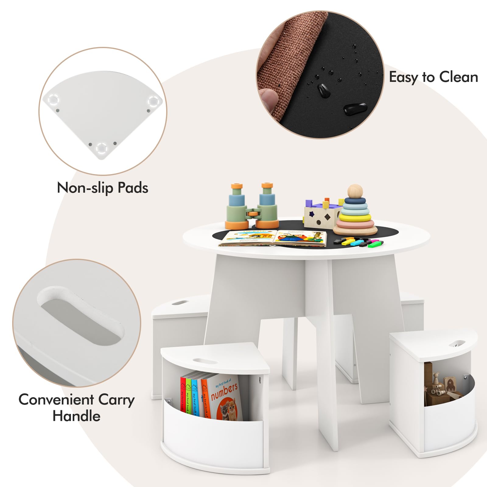 INFANS Toddler Table and Chair Set with 4 Storage Stools, Wooden Flower Shaped Nesting Table with Blackboard Drawers