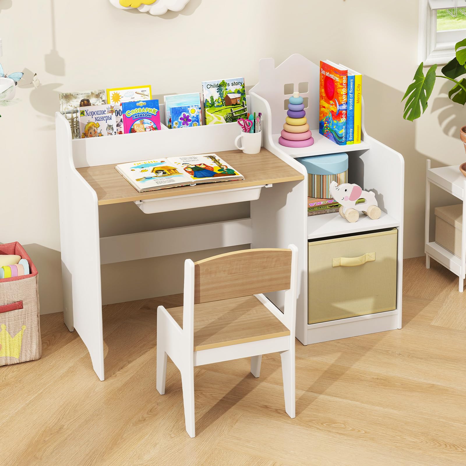 INFANS Kids Table and Chair Set, Toddler Art Craft Play Wood Activity Desk with Chairs, Children Furniture