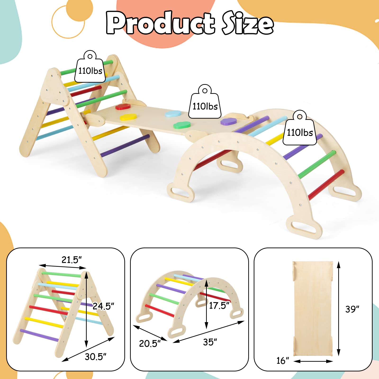 INFANS Climbing Toys for Toddlers, 5 in 1 Kids Wooden Montessori Triangle Set Climber Toy, Indoor Climb Activity