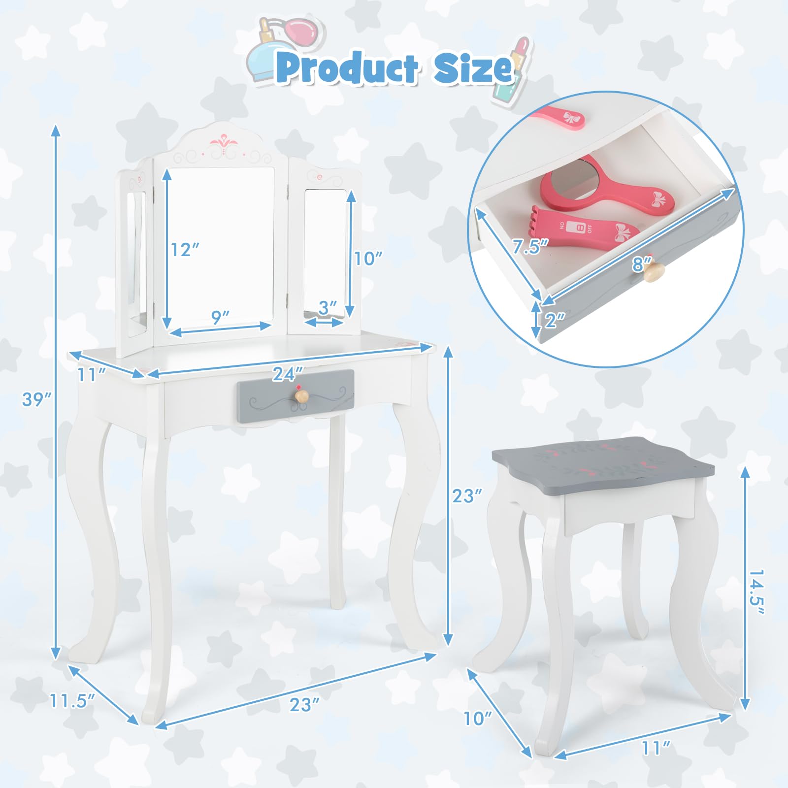 INFANS Kids Vanity, 2 in 1 Princess Makeup Desk Set, Wooden Dressing Table, Pretend Play Vanity Set