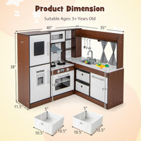 INFANS Corner Kids Kitchen Playset, Ultimate Wooden Pretend Cooking Toy Set with Real Running Water