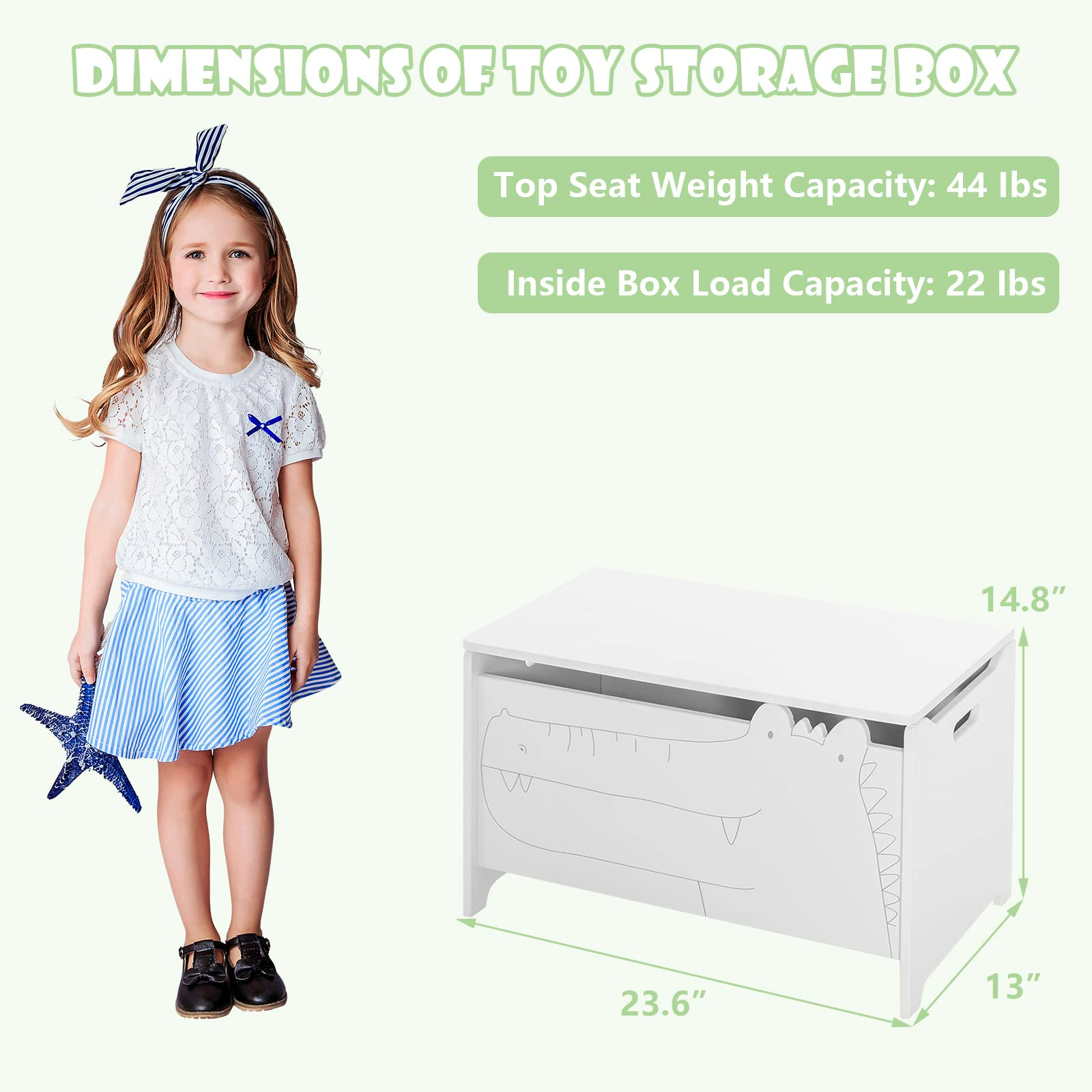 INFANS Wooden Toy Chest , Wide Kids Toy Box Storage Space with Safety Hinge and Handles INFANS