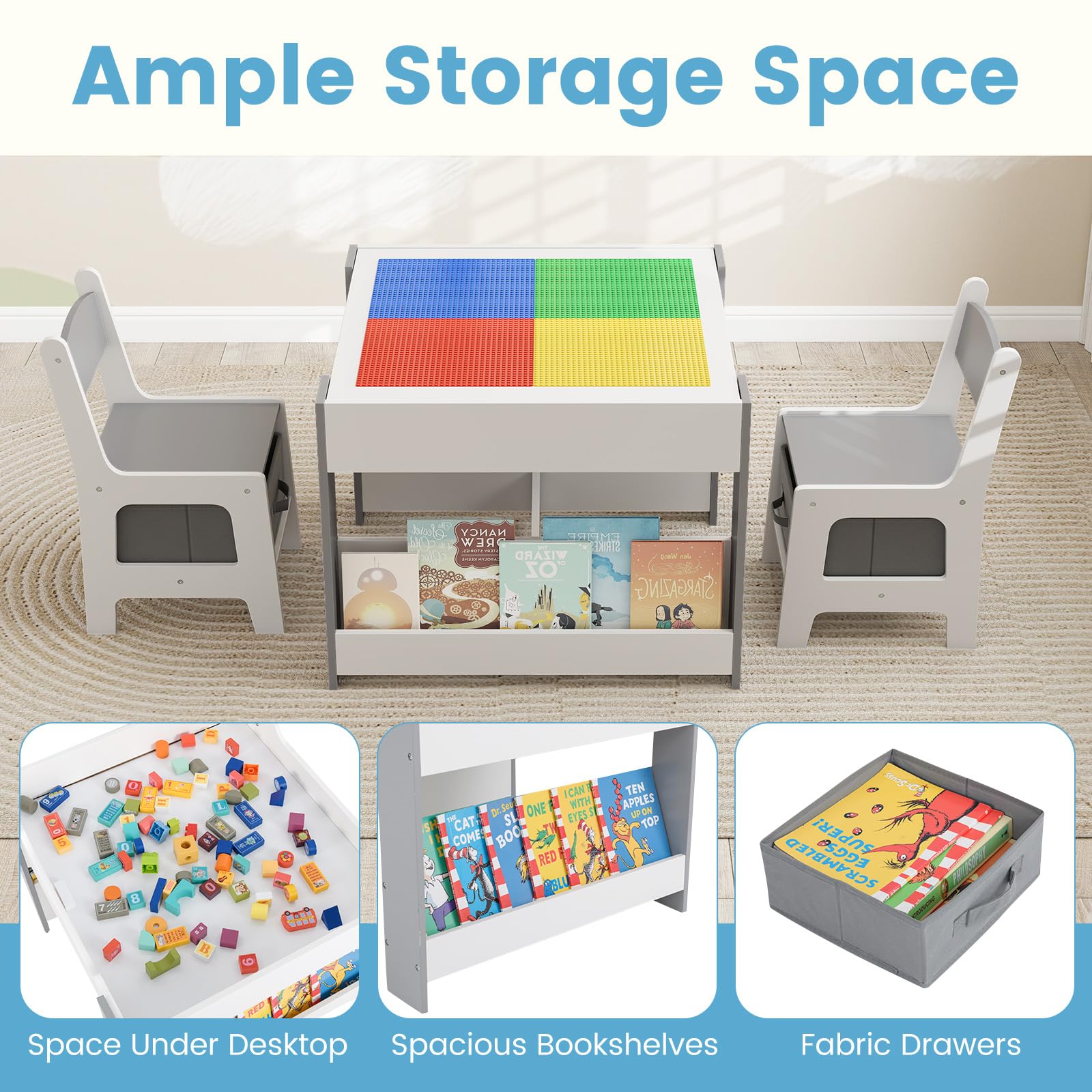 INFANS Kids Table and Chair Set, 4 in 1 Building Block Wooden Activity Desk with Reversible Tabletop for Toddlers