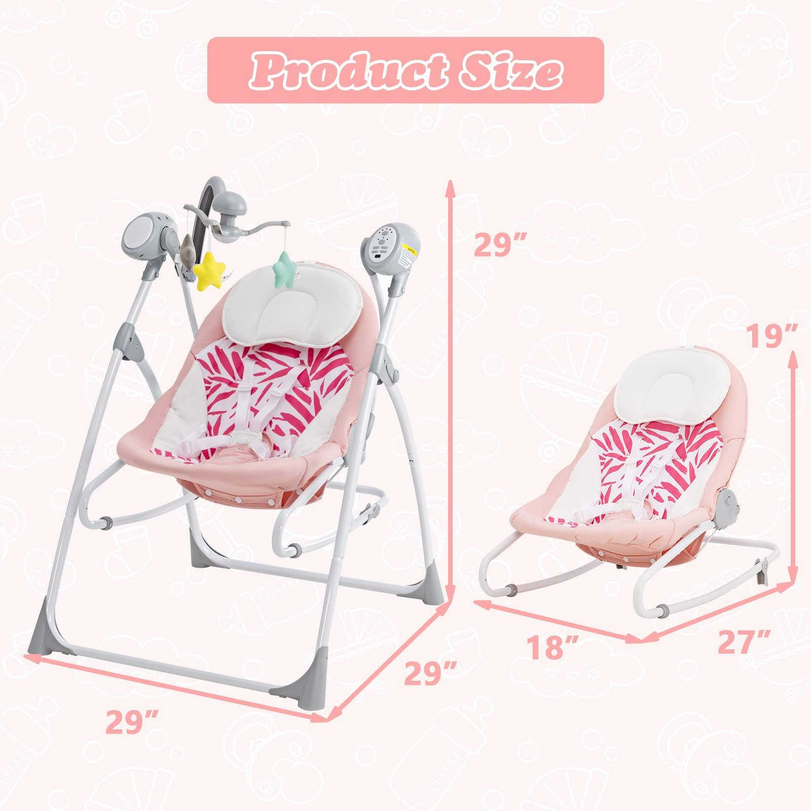 INFANS 2 in 1 Baby Swing and Bouncer for Infants, Portable Newborn Rocker with 5 Speed Sway Music Timing 2 Toys Remote Control, Easy Fold, Compact Electric Baby Swing for 0-6 Months Boy Girl INFANS