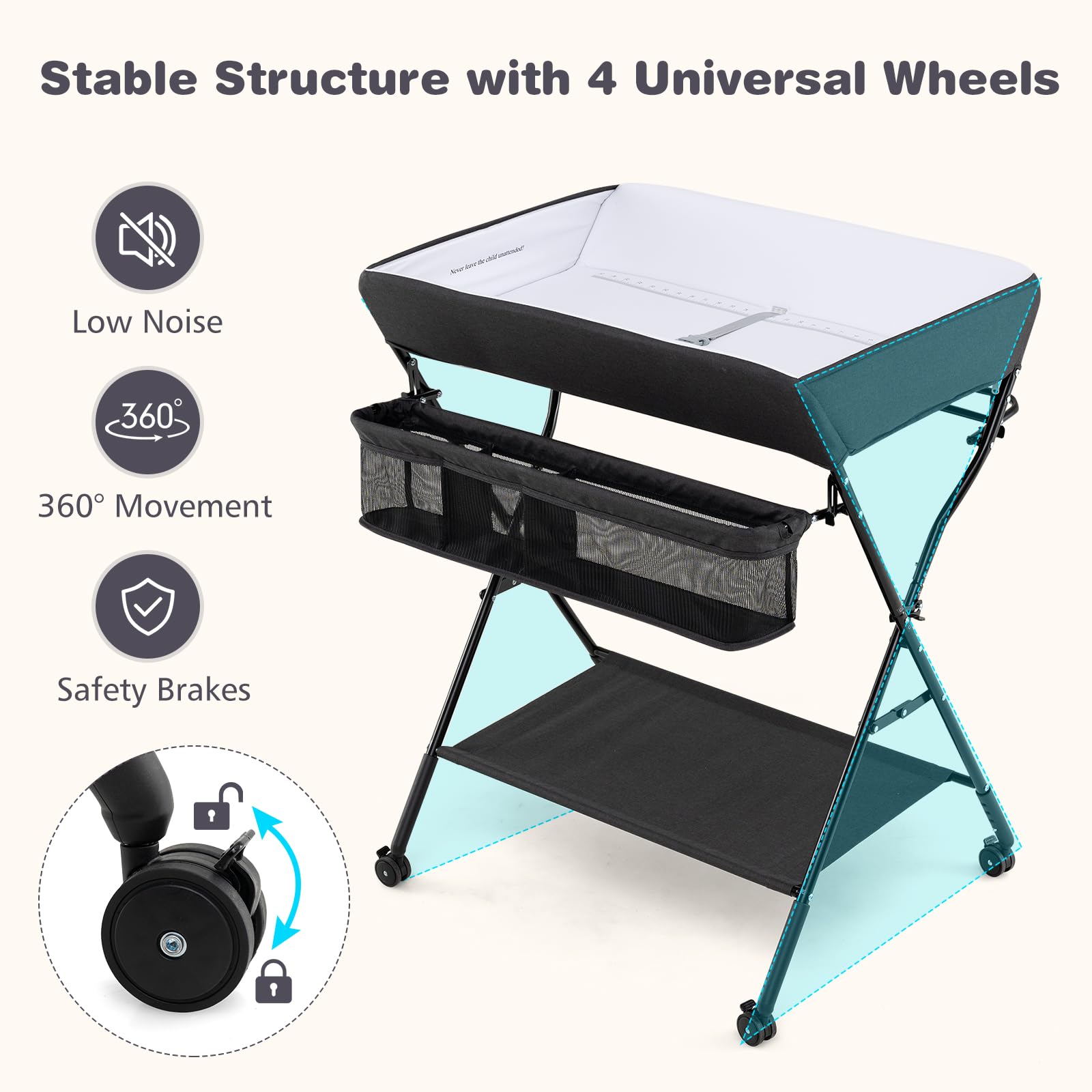 INFANS Baby Changing Table with Wheels, Portable Folding Diaper Station Nursery Organizer with Adjustable Height