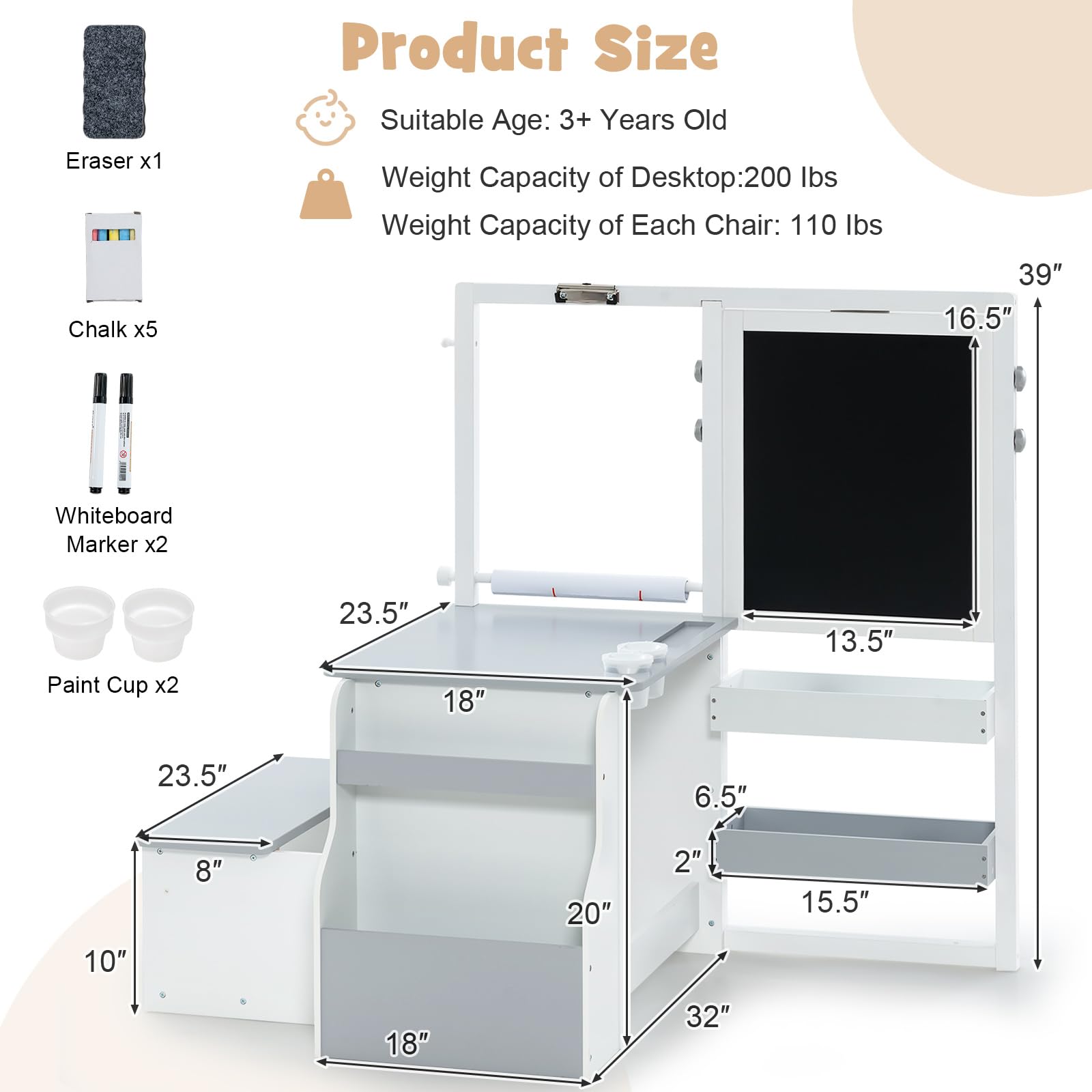 INFANS 3 in 1 Kids Art Table and Chair Set, Toddler Wood Activity Desk with Double-Sided Easel, Children Furniture