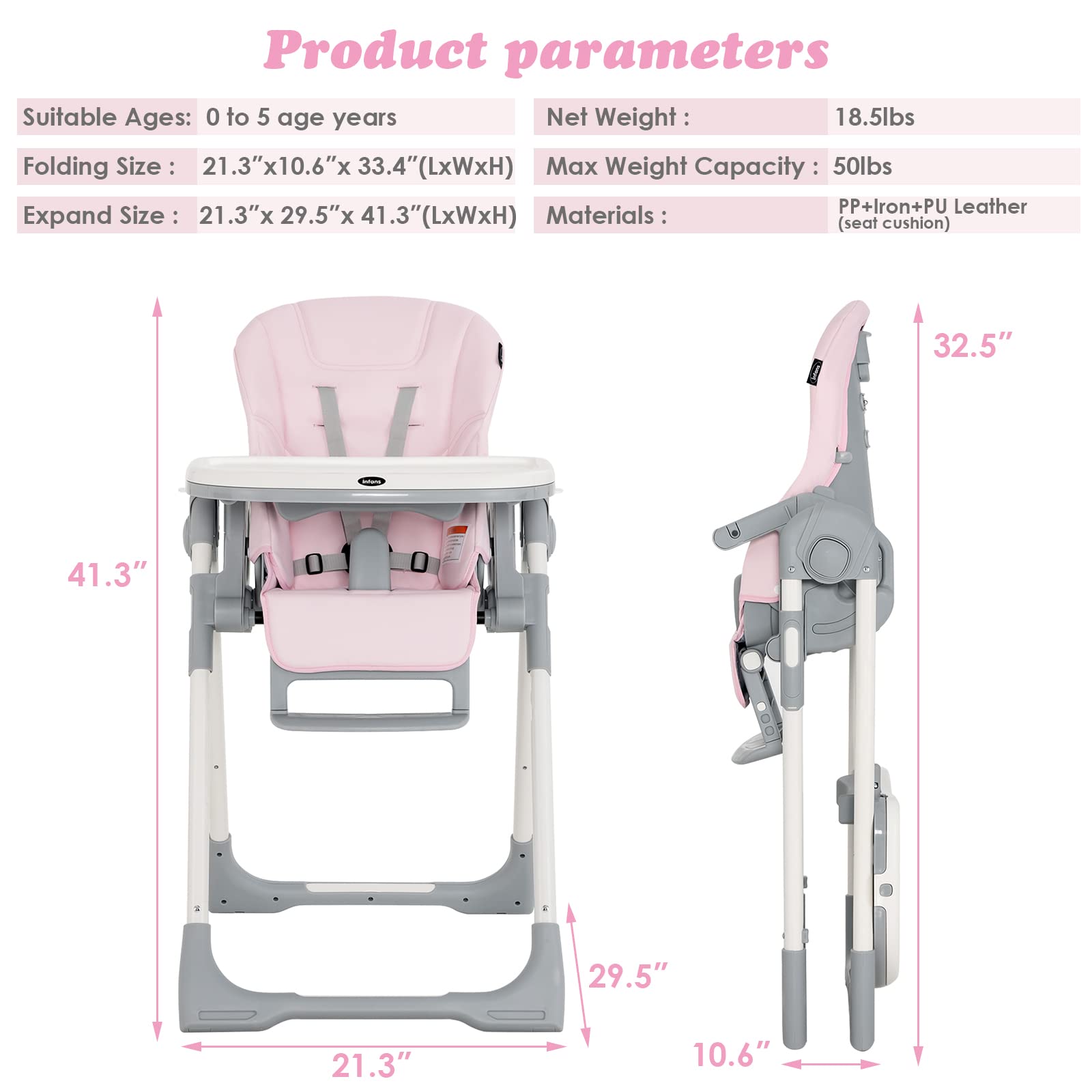 INFANS Foldable High Chair for Babies & Toddlers with Multiple Adjustable Backrest, Footrest and Seat Height