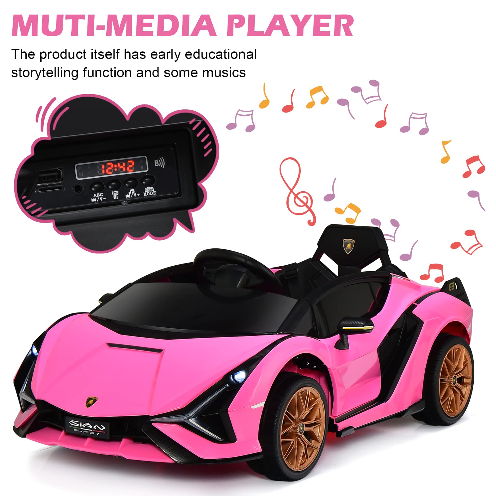 INFANS 12V Licensed Lamborghini Sian Kids Ride on Car with Parent Remote Control, Electric Toy Roadster Carbon Fiber Textured