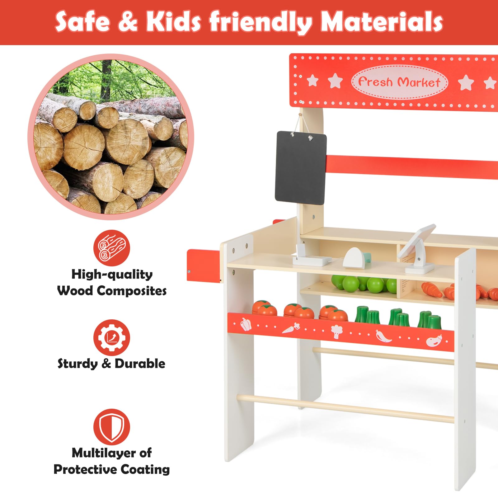 INFANS Grocery Store Marketplace Toy, Kids Wooden Market Stand Pretend Play Set