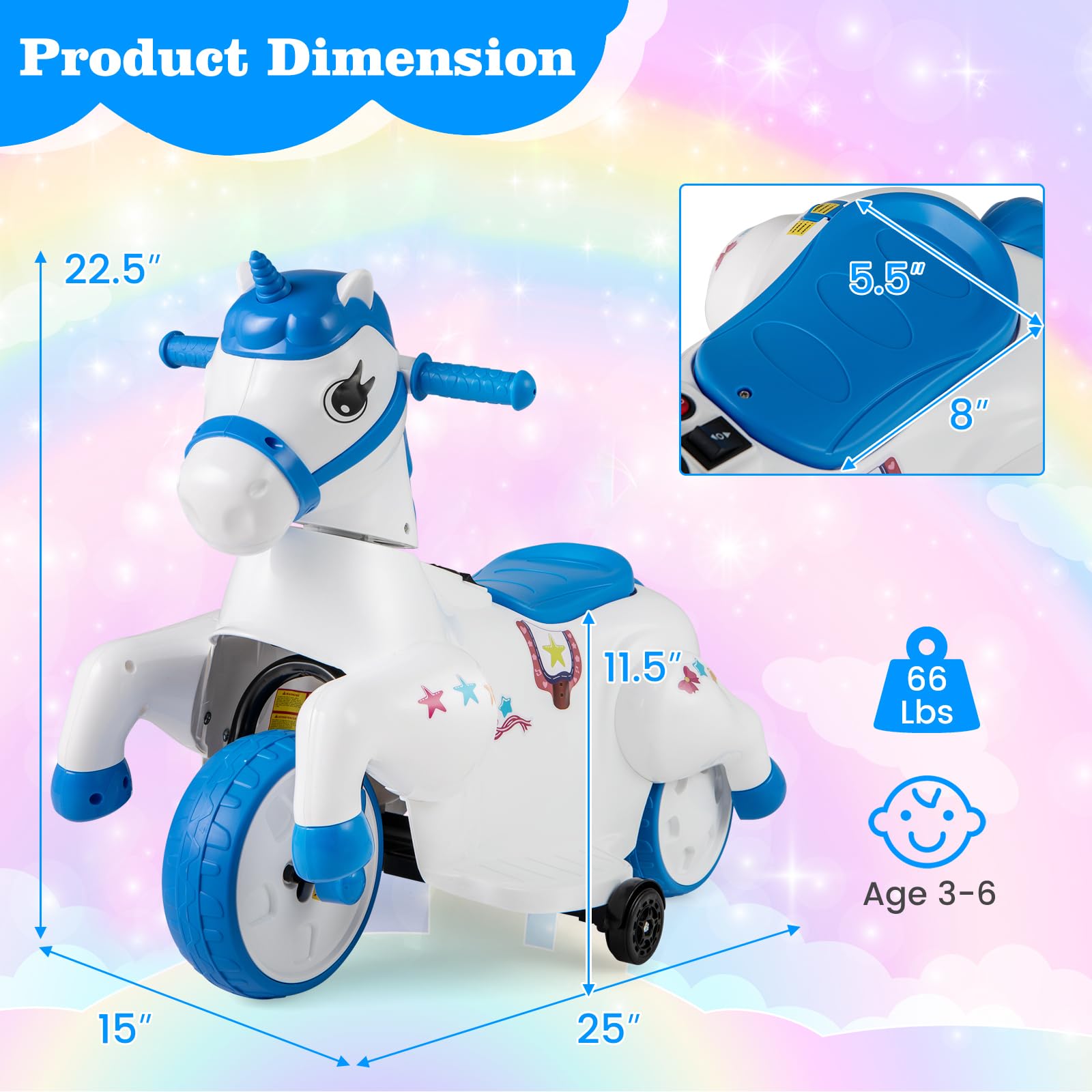 INFANS 2 in 1 Ride on Motorcycle and Horse, Unicorn 6V Battery Powered Ride on Toy with Up & Down Function, Kids Electric Vehicle