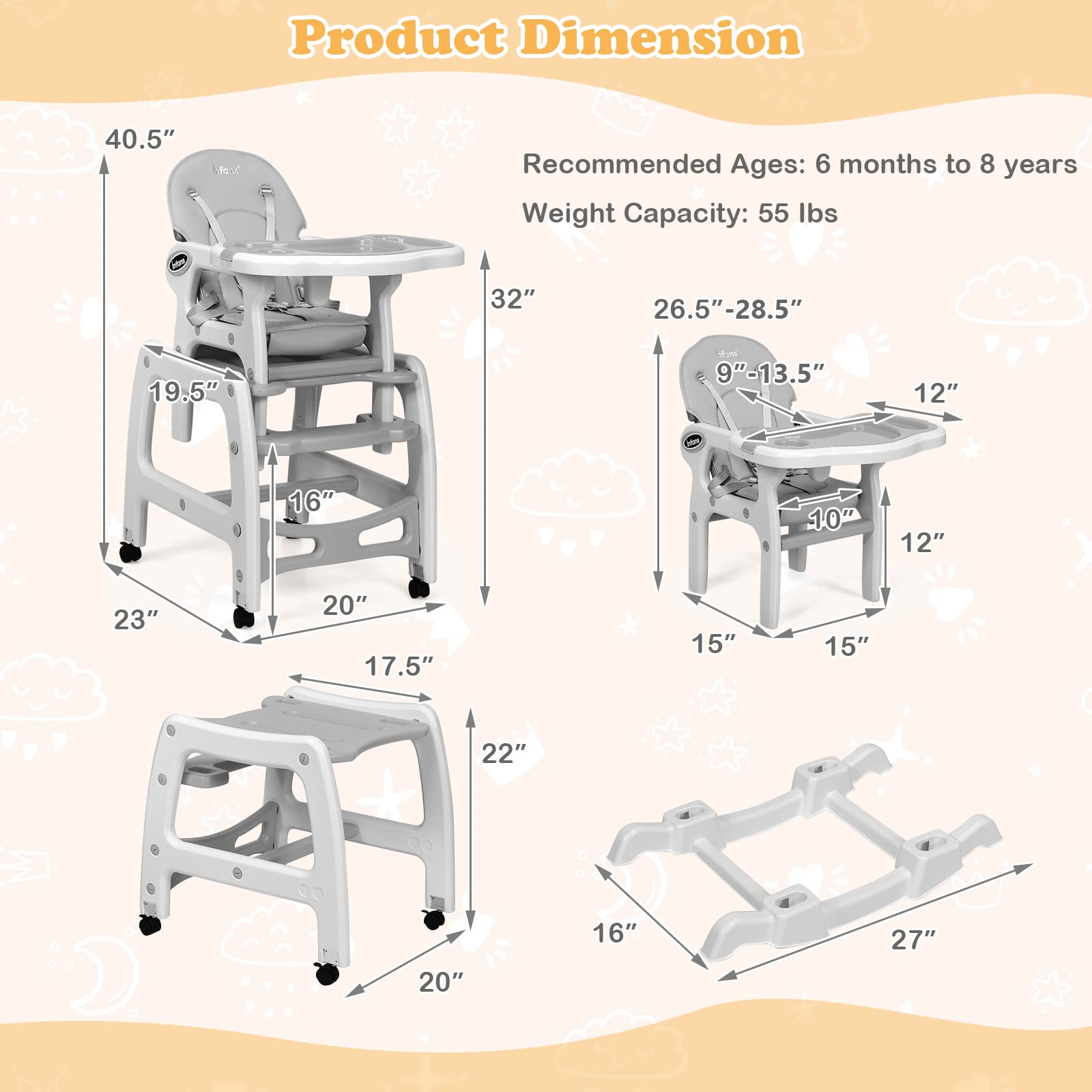 INFANS 5 in 1 Baby High Chair, Convertible Toddler Table Chair Set, Rocking Chair, Multi-Function Seat with Lockable Universal Wheels